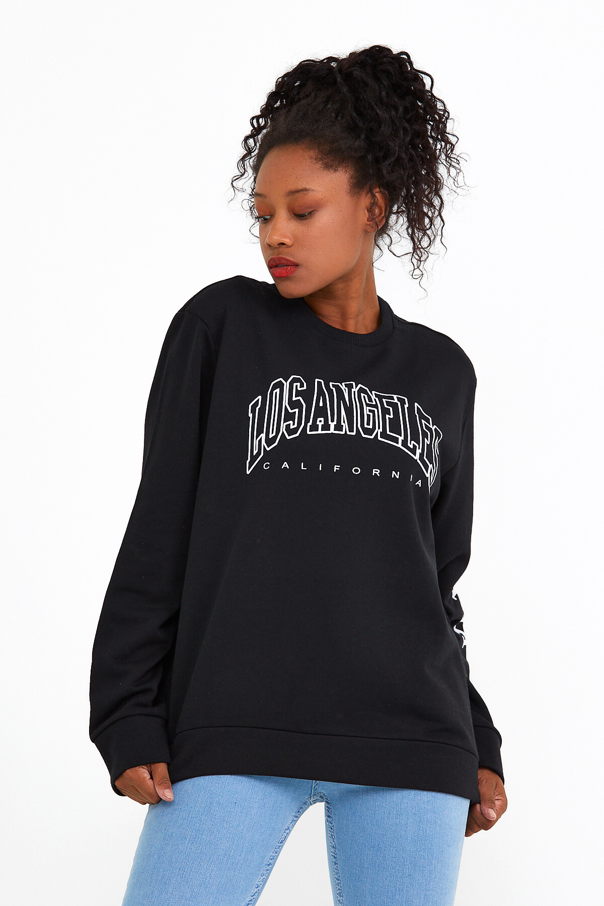 Bisiklet Yaka Oversize Fit Ön Ve Kol Baskılı İnce Sweatshirt SPR22SWK133