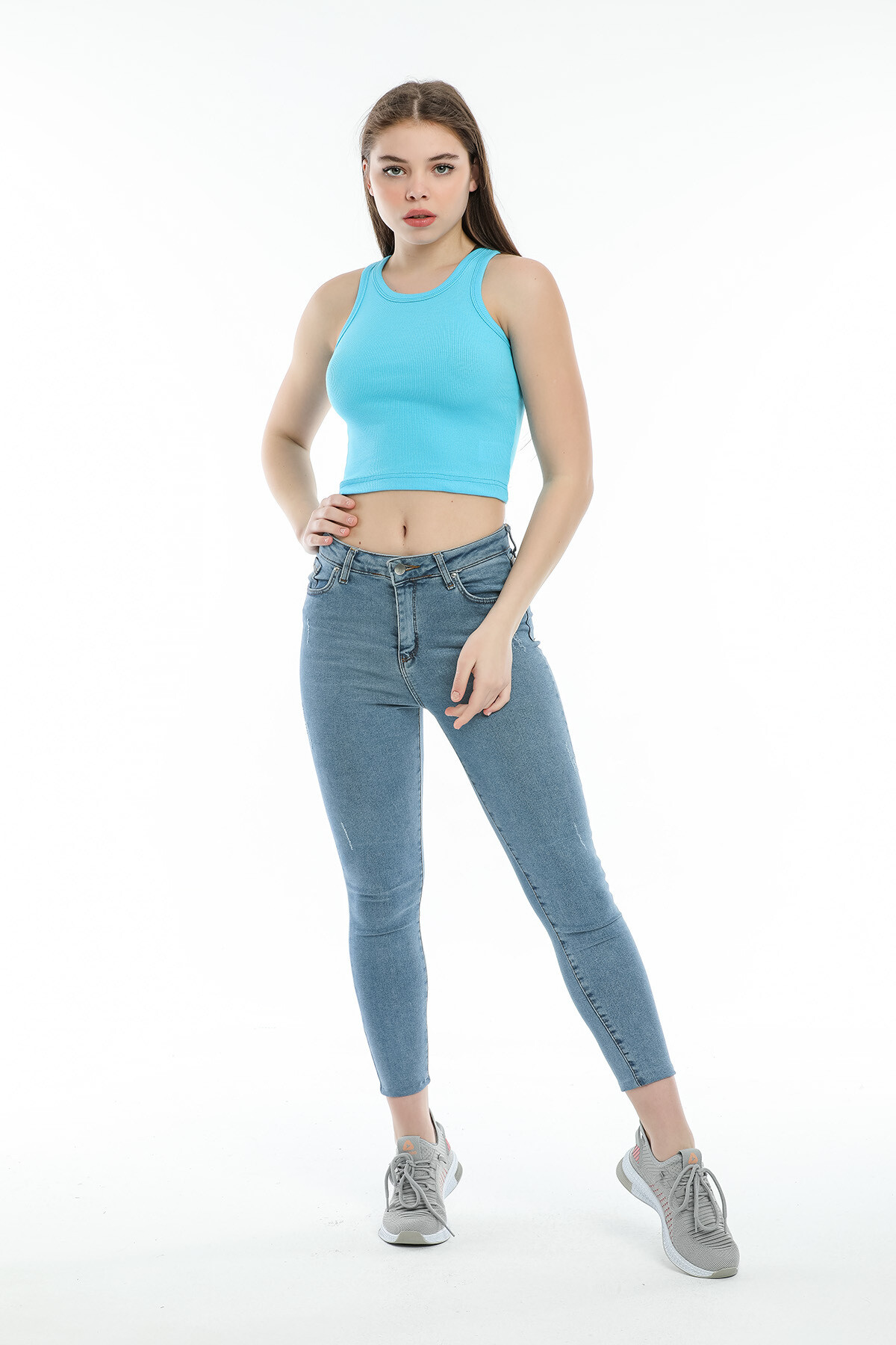 Süperlife Kadın Crop Örme Arkası Yüksek Yaka Slim Fit  Atlet-Tişort SPR21Y11