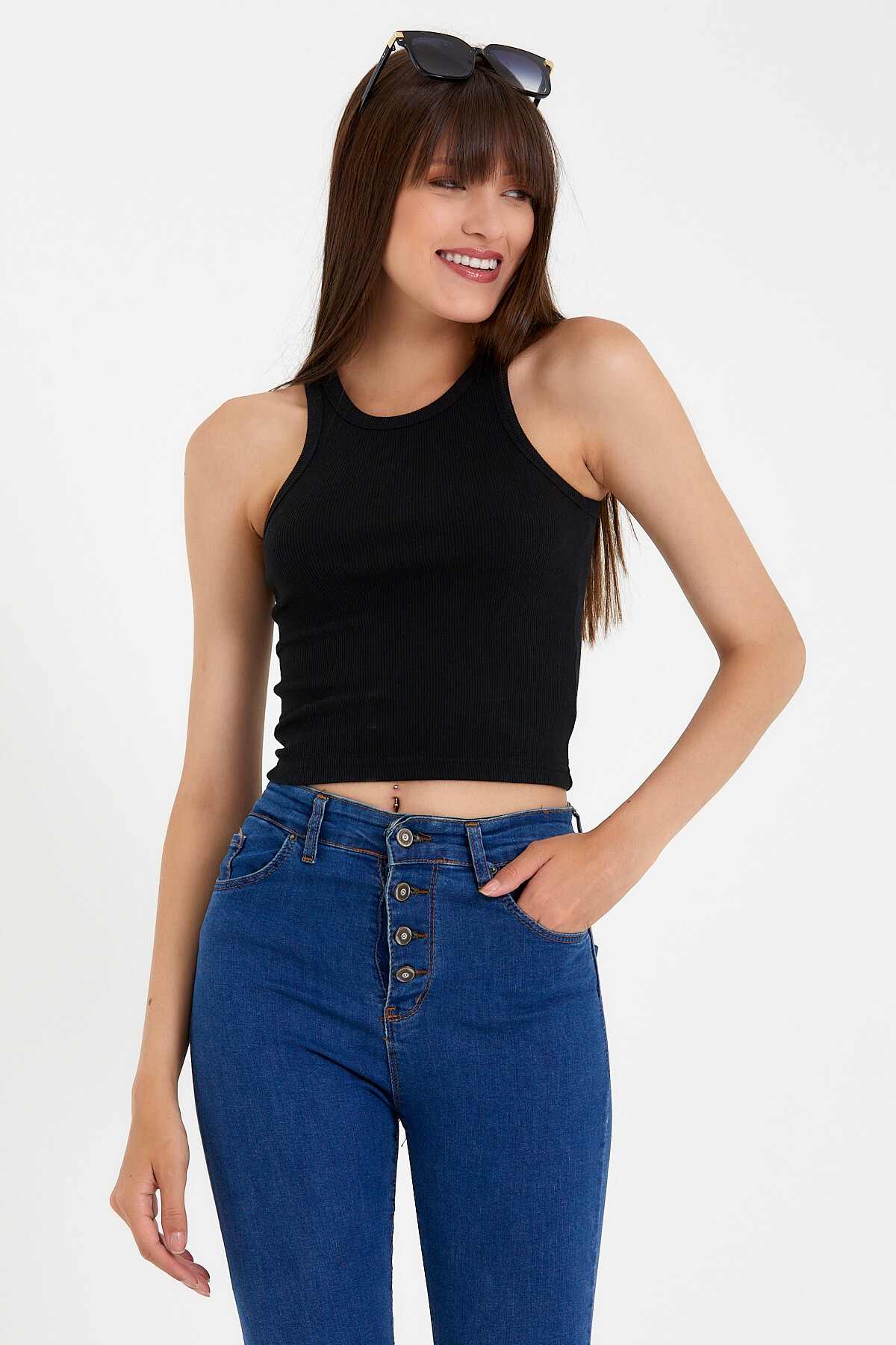 Süperlife Kadın Crop Örme Arkası Yüksek Yaka Slim Fit  Atlet-Tişort SPR21Y11
