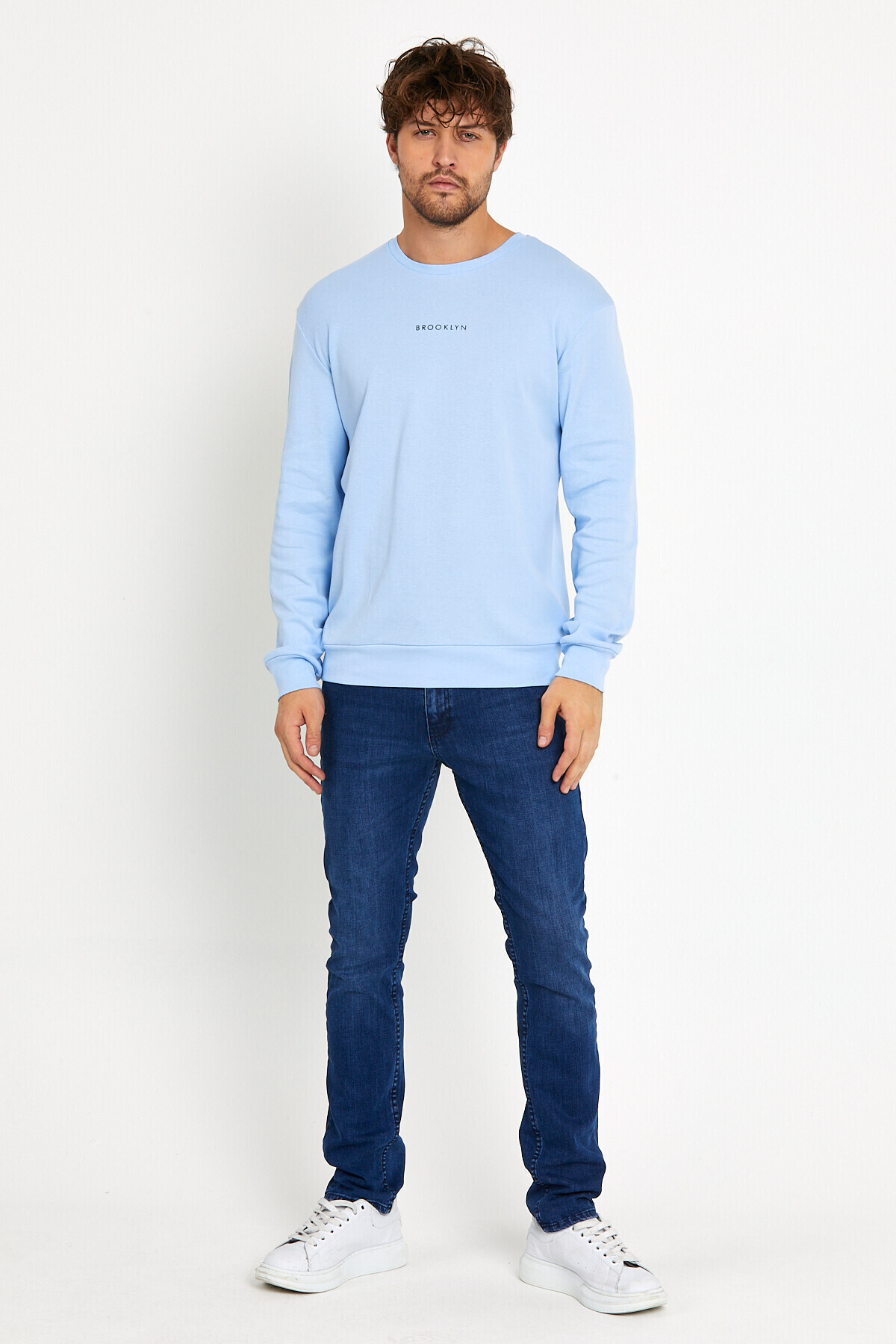 Erkek Bisiklet Yaka Slim Fit Brookyln Baskılı İnce Sweatshirt SPR22SW102