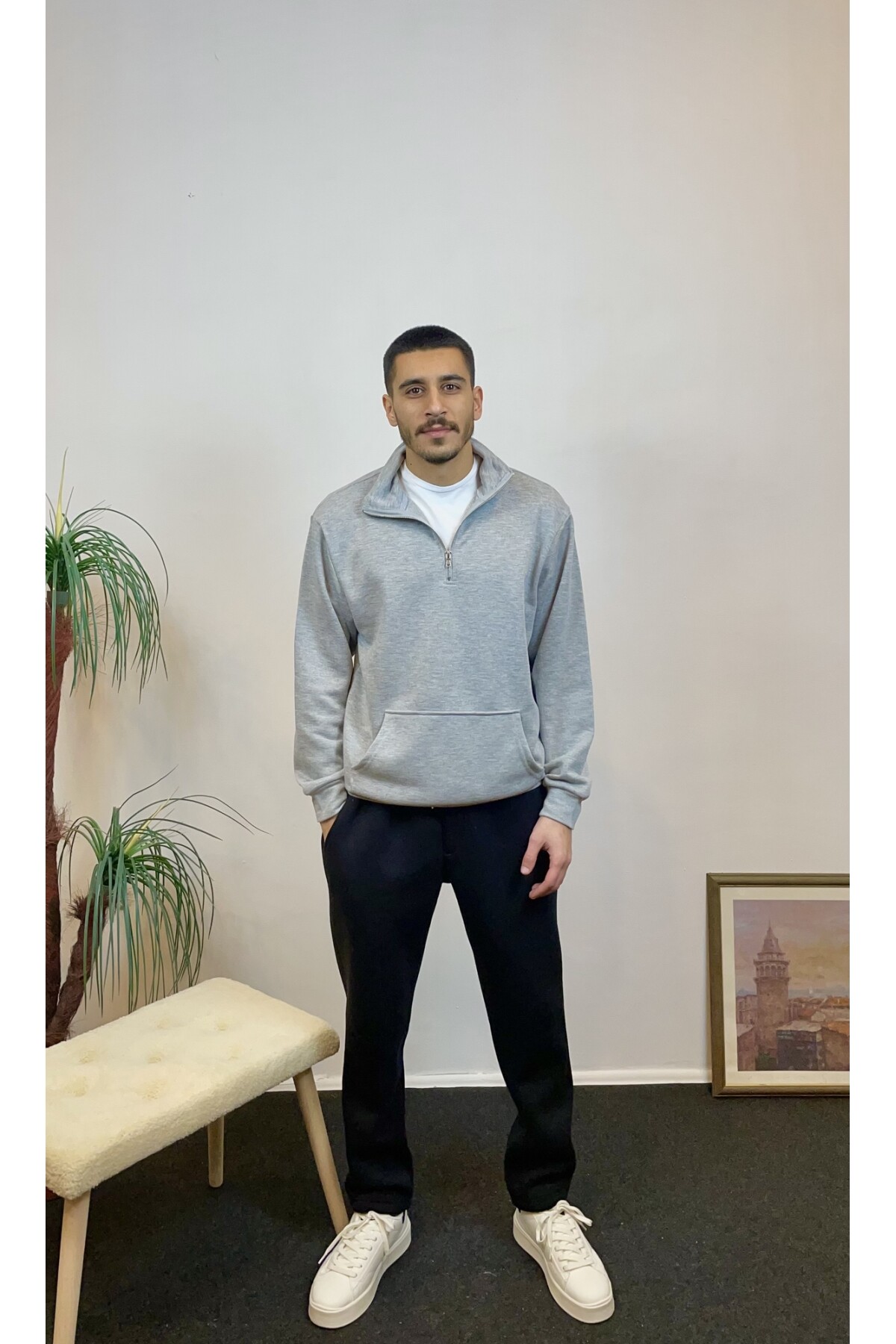 Erkek 3 iplik Yarım Fermuarlı Kanguru Çepli Sweatshırt spr24sw22
