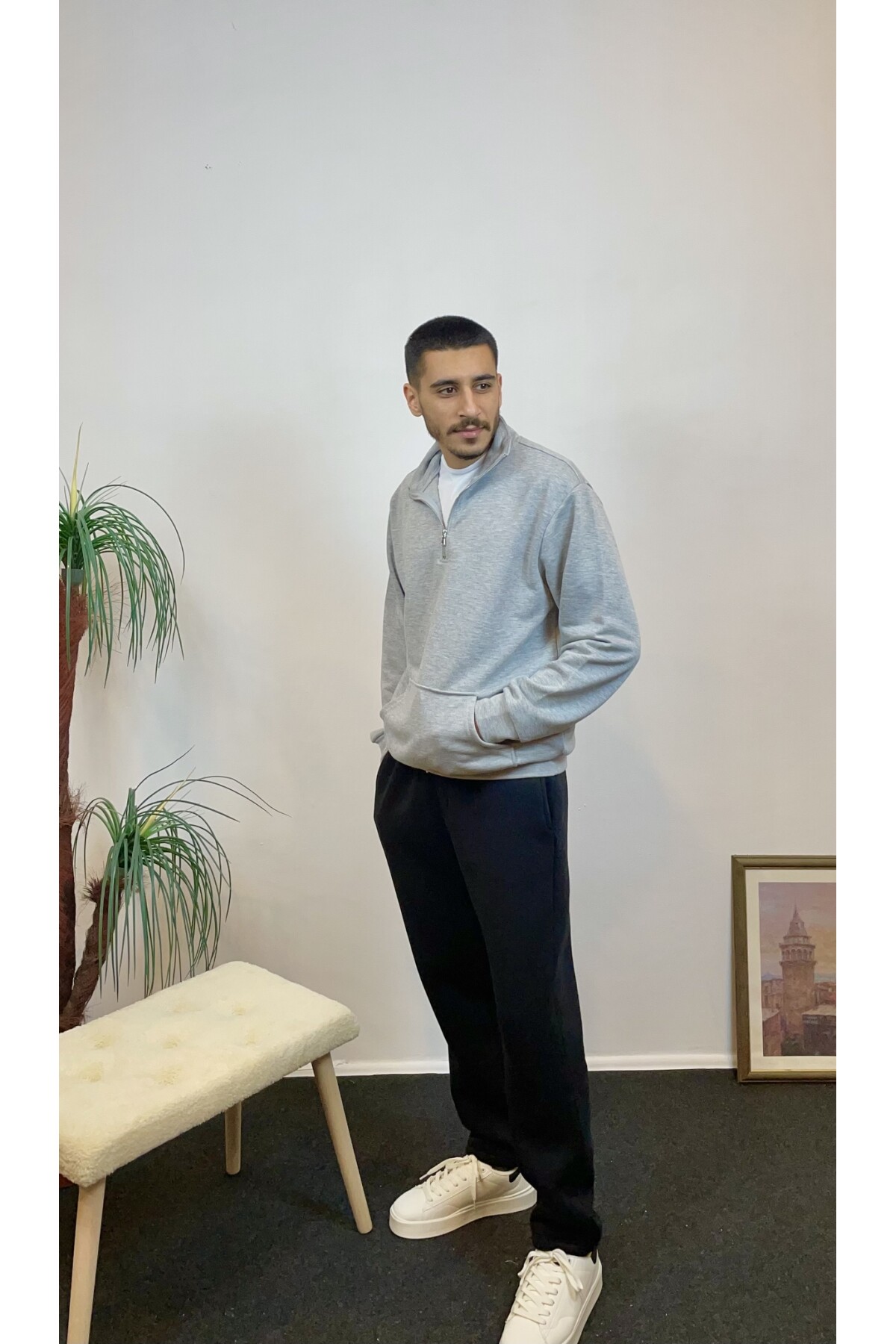 Erkek 3 iplik Yarım Fermuarlı Kanguru Çepli Sweatshırt spr24sw22