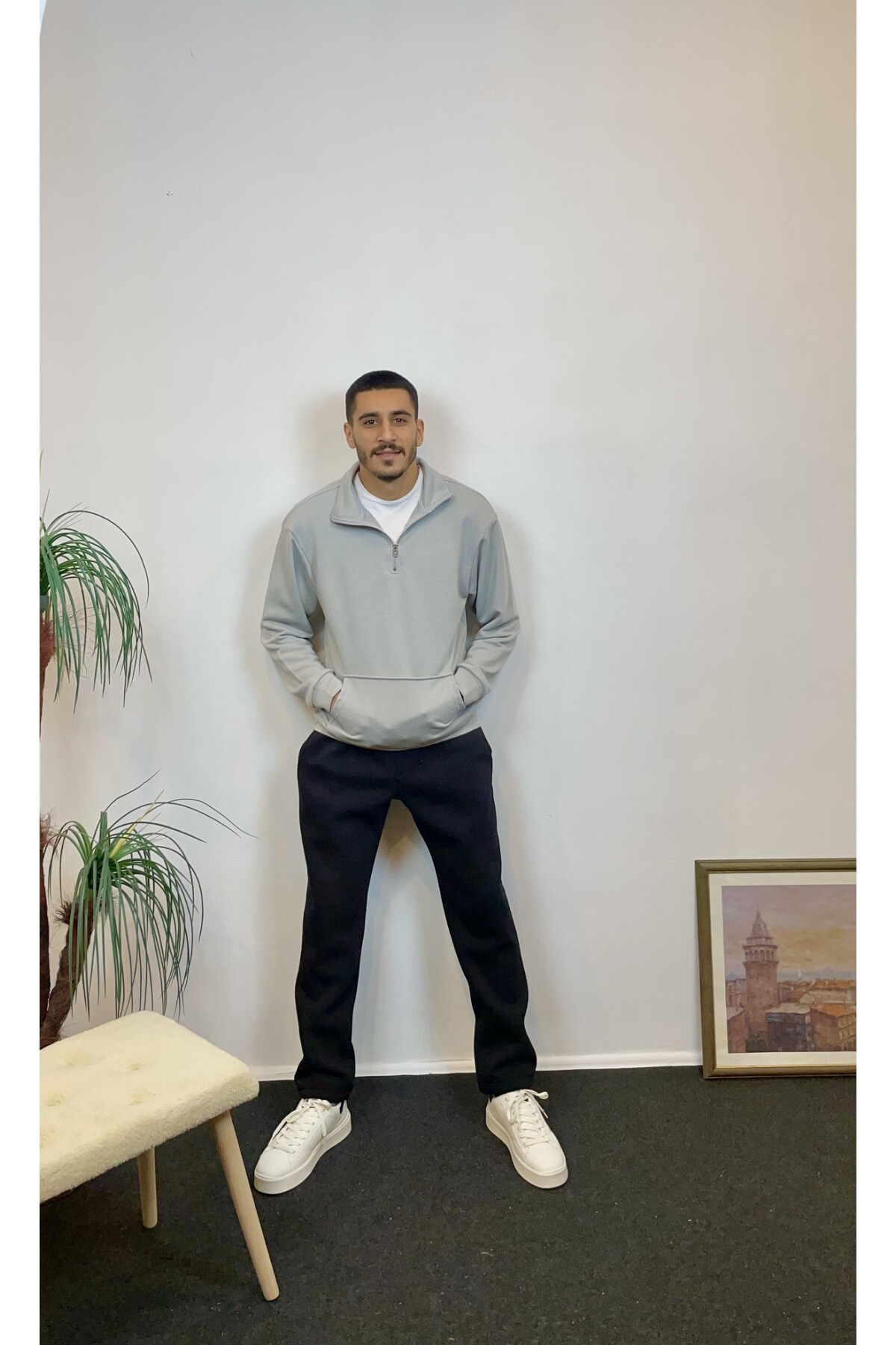 Erkek 3 iplik Yarım Fermuarlı Kanguru Çepli Sweatshırt spr24sw22