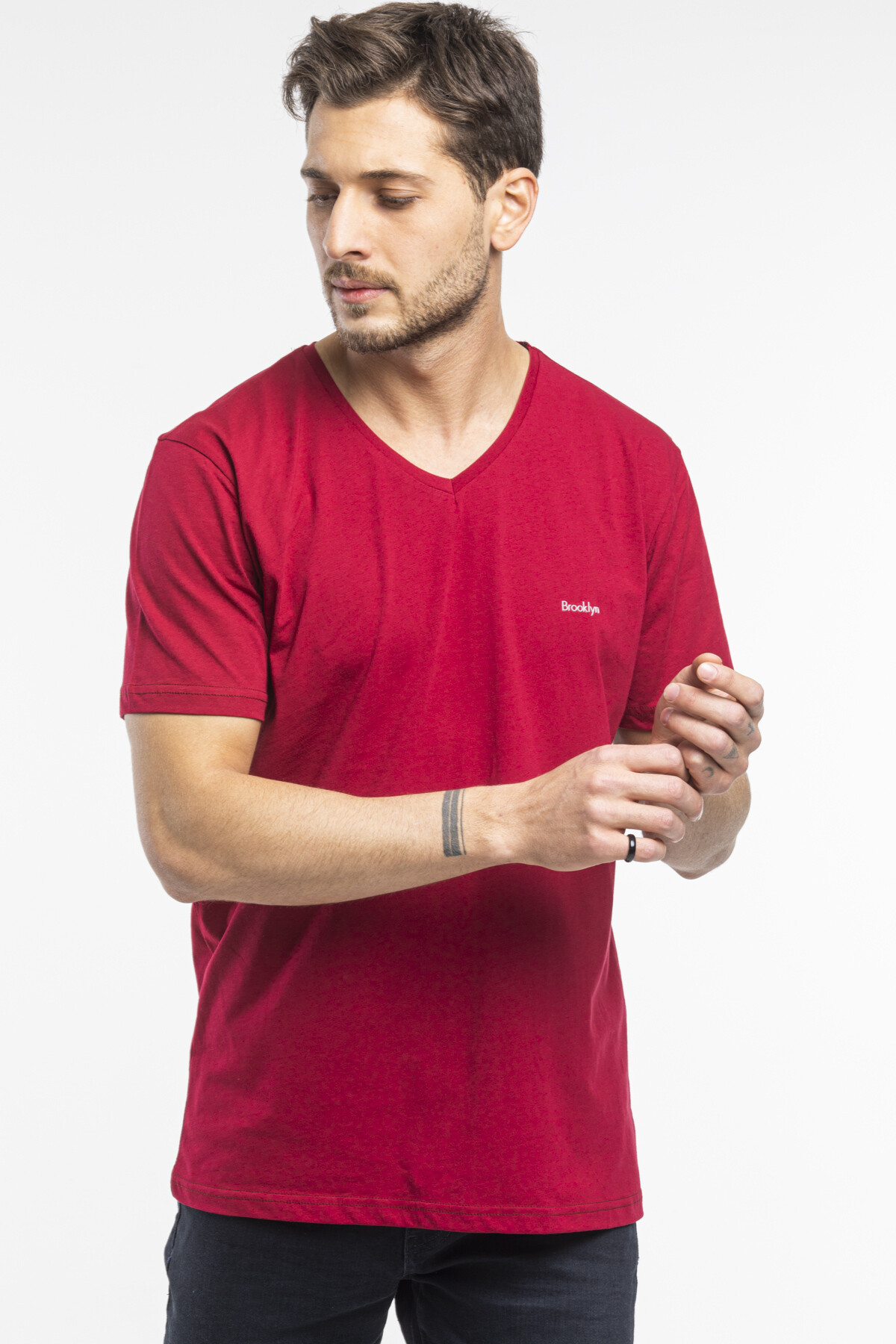 Süperlife Erkek V Yaka Slim Fit Brooklyn Baskılı Kısa Kollu Tişort SPR 265