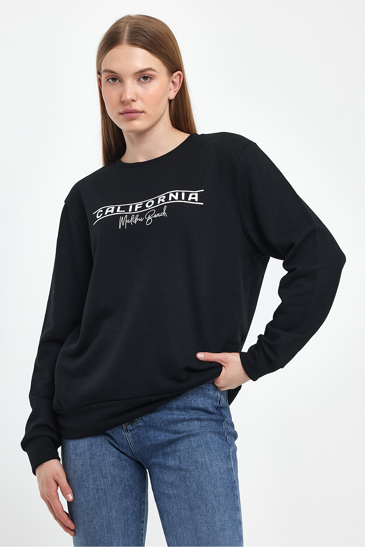 Kadın Bisiklet Yaka Rahat Kalıp 3 iplik Kalın Californıa Baskılı  Sweatshirt SPR24SWK32