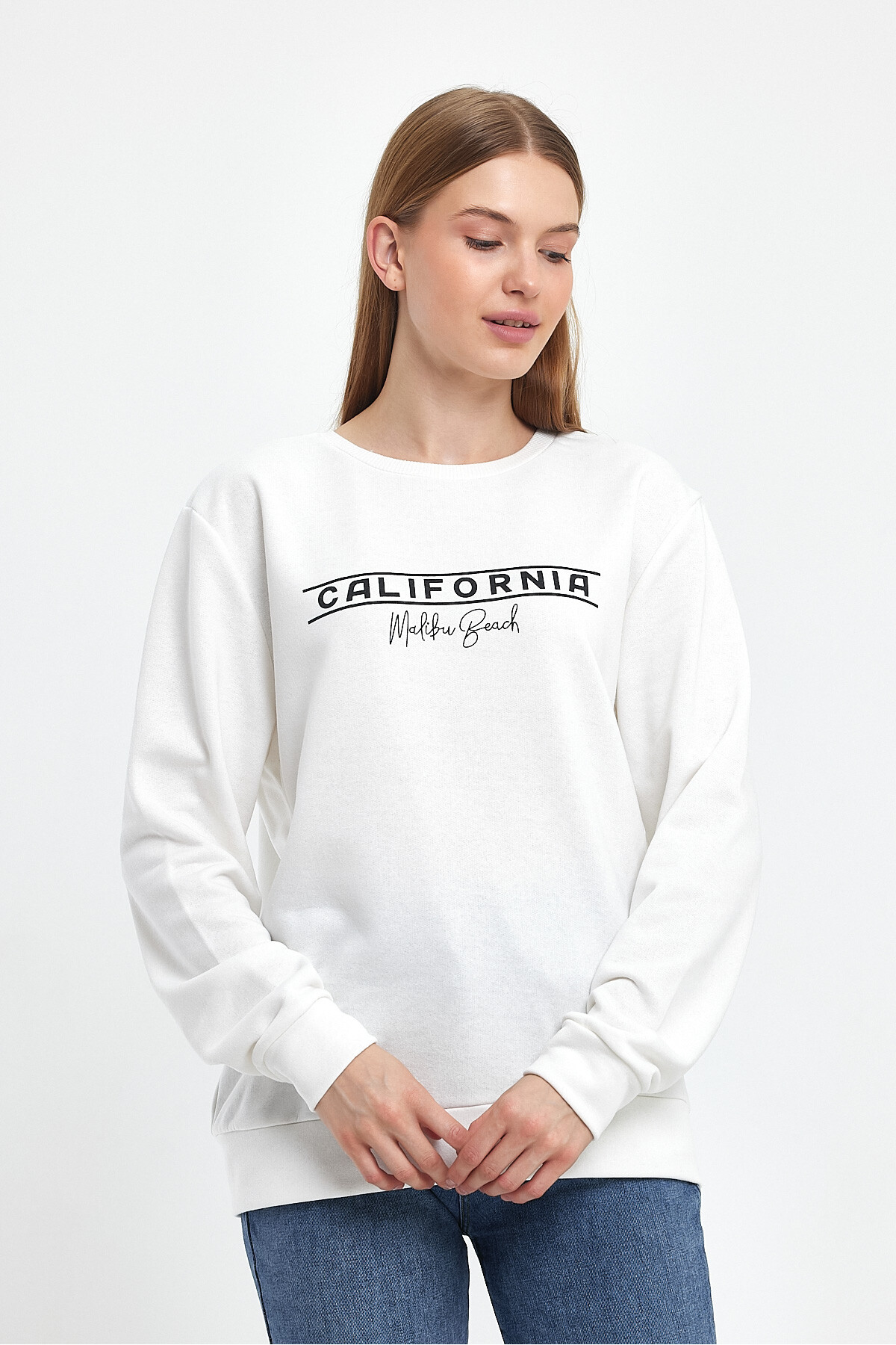 Kadın Bisiklet Yaka Rahat Kalıp 3 iplik Kalın Californıa Baskılı  Sweatshirt SPR24SWK32