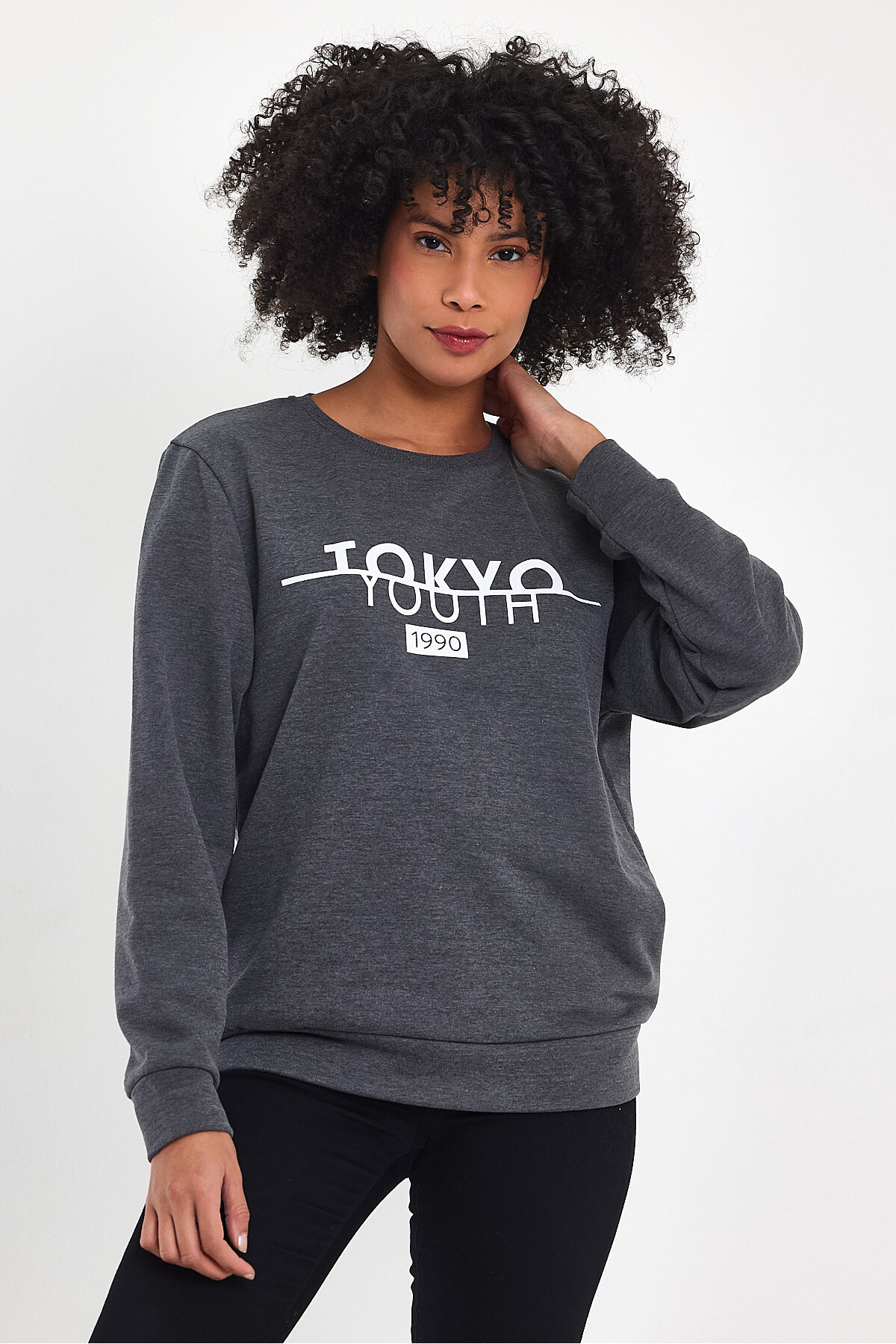 Kadın Bisiklet Yaka Rahat Kalıp 3 iplik Kalın Tokyo Baskılı  Sweatshirt SPR24SWk30