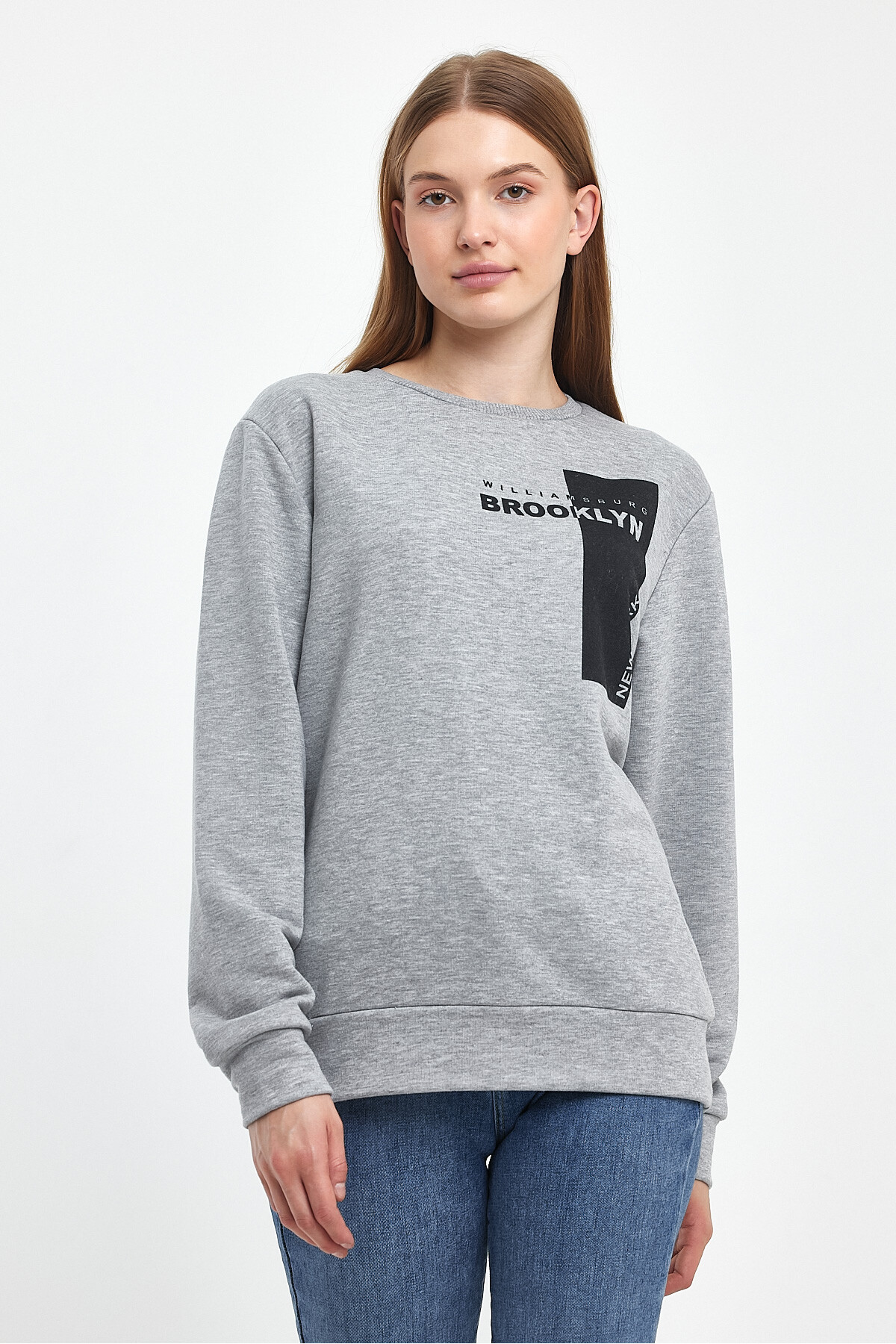 Kadın Bisiklet Yaka Rahat Kalıp 3 iplik Kalın W.Brooklyn Baskılı  Sweatshirt SPR24SWK31