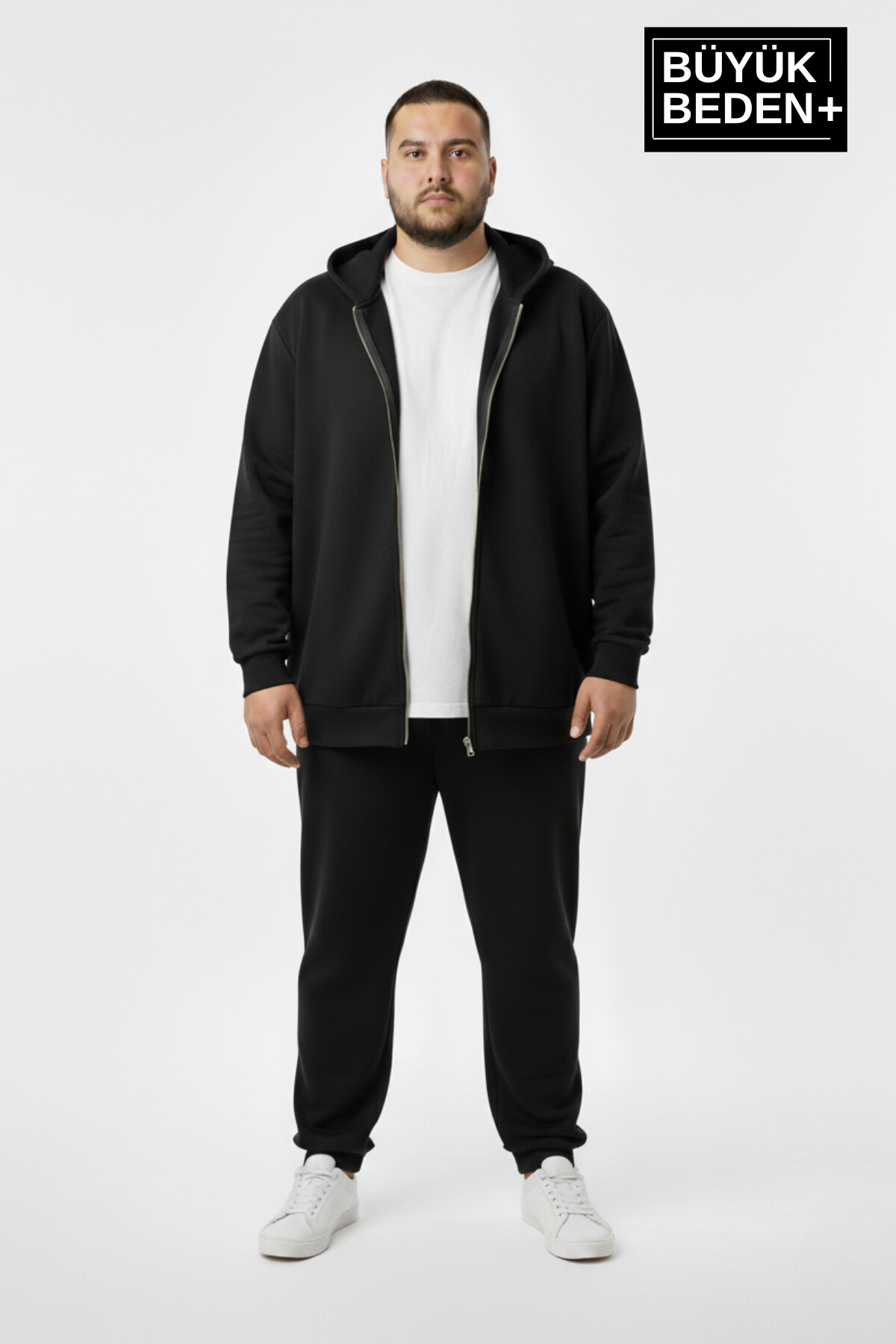 Erkek Büyük Beden Fermuarlı Kapüşonlu ince Sweatshirt Hırka - Rahat Kalıp SPR26BHR960