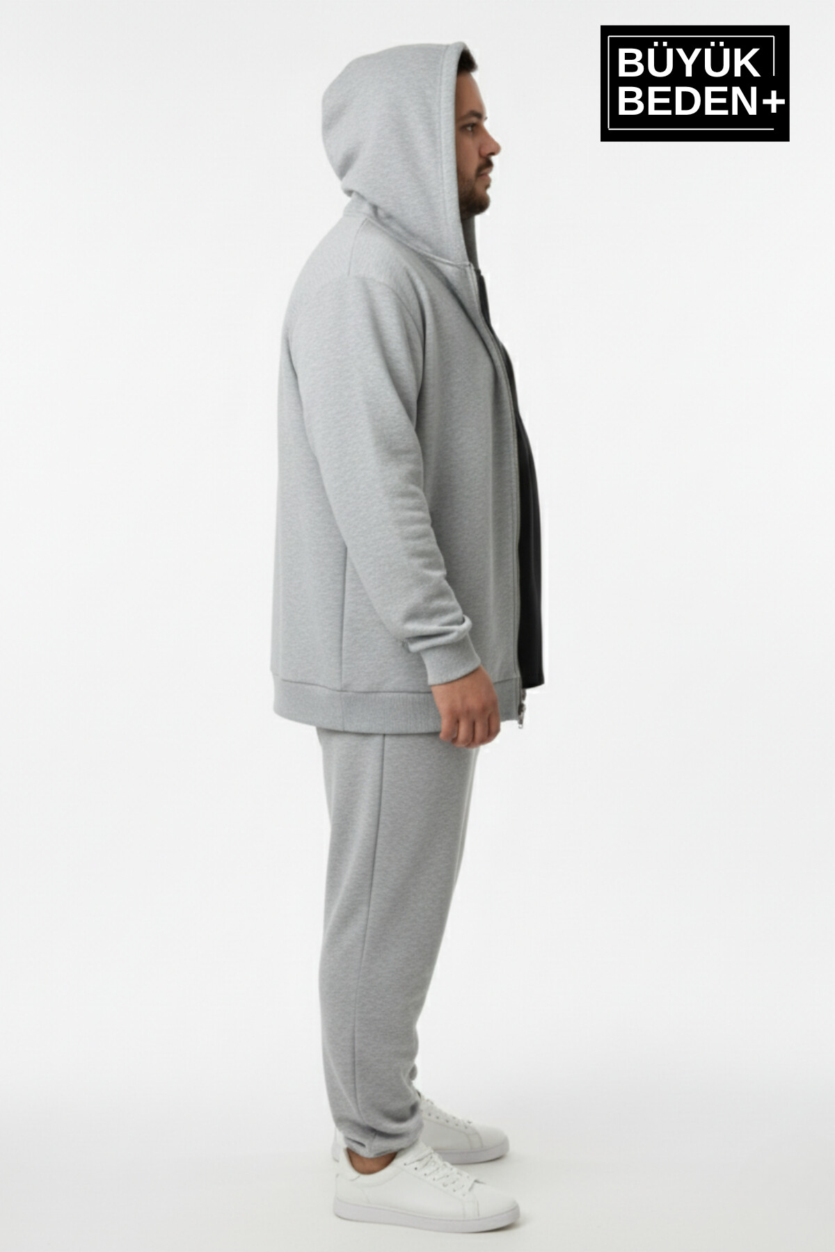 Erkek Büyük Beden Fermuarlı Kapüşonlu ince Sweatshirt Hırka - Rahat Kalıp SPR26BHR960