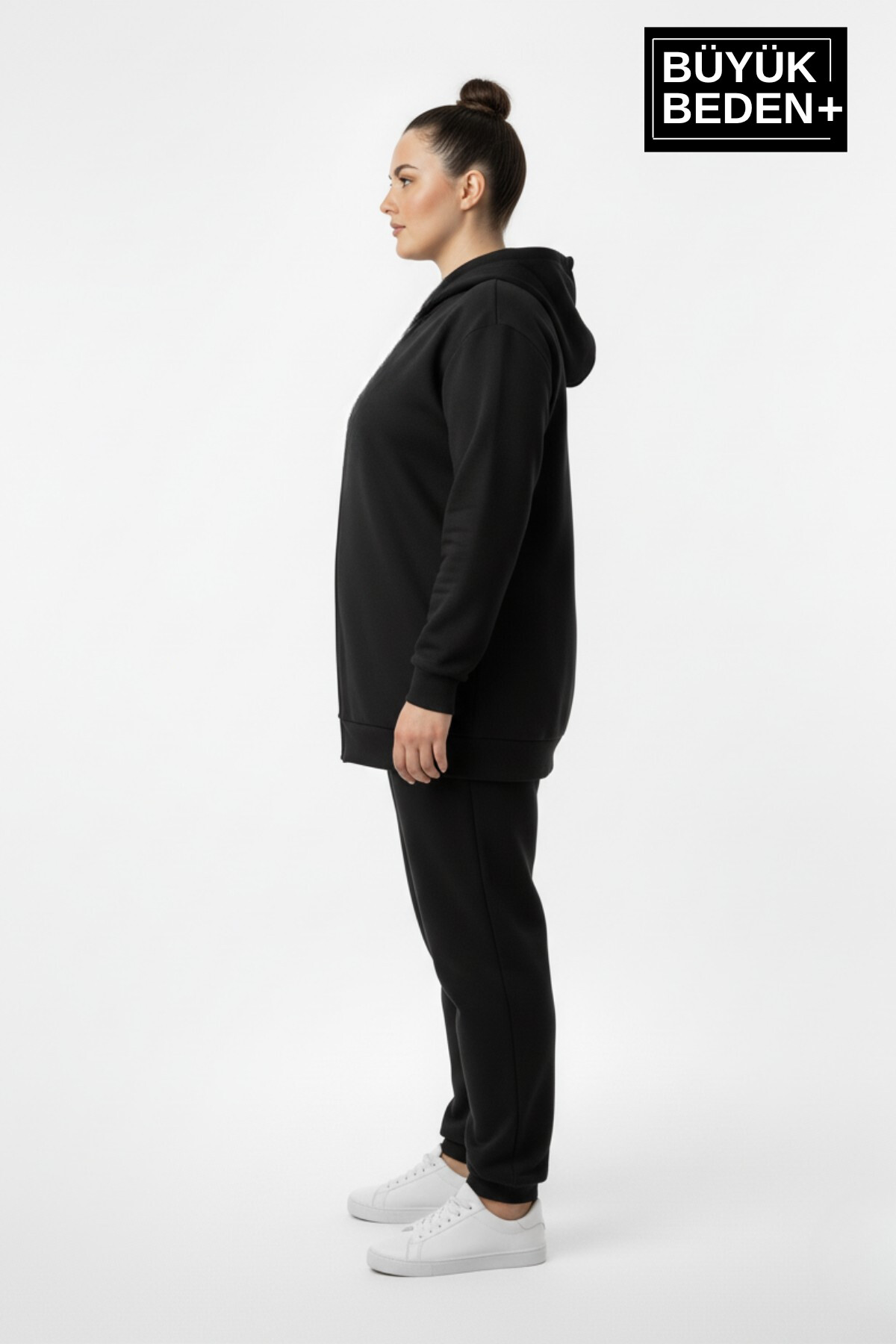 Kadın Büyük Beden Fermuarlı Kapüşonlu ince Sweatshirt Hırka - Rahat Kalıp SPR26BHR960