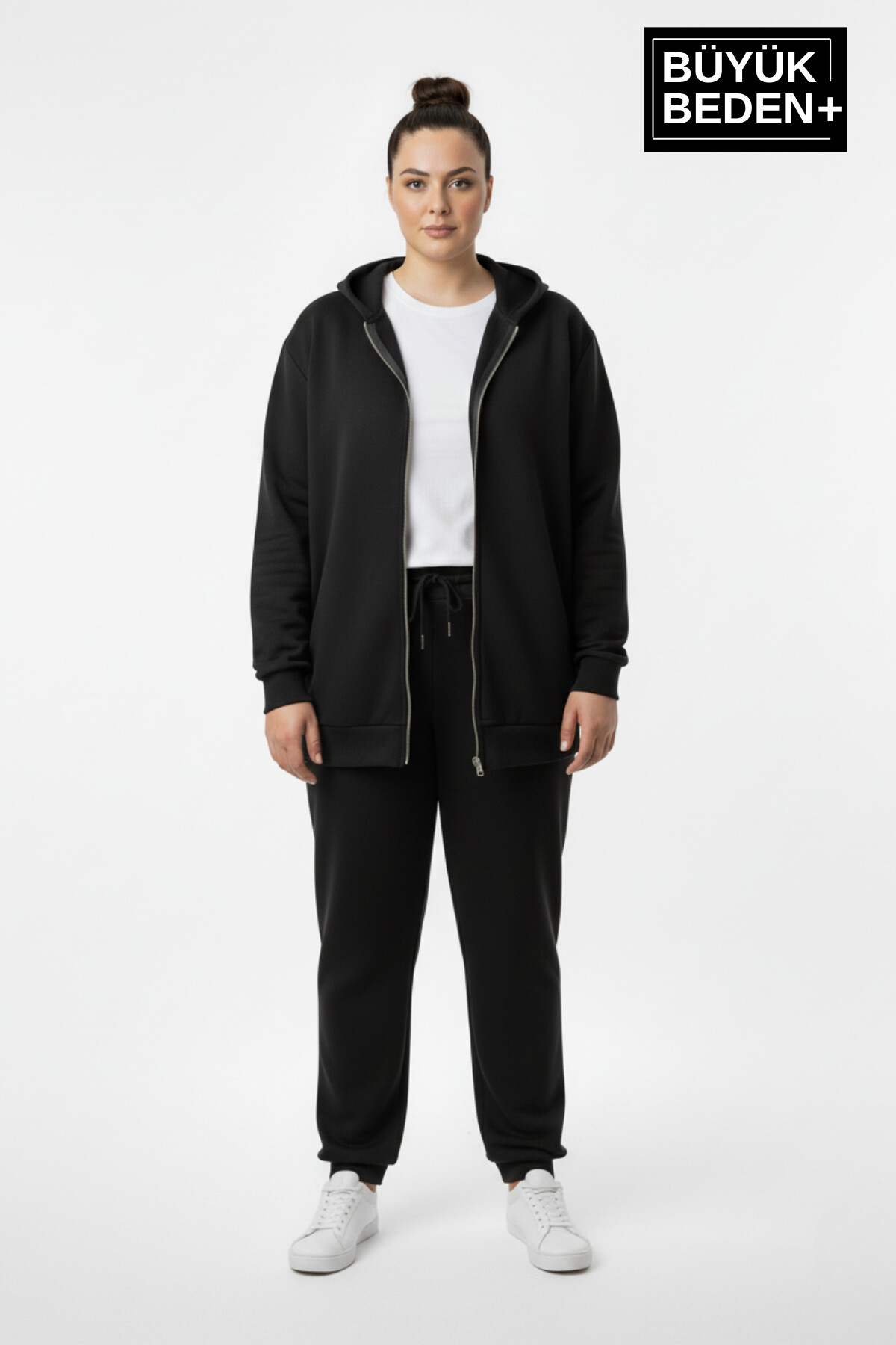 Kadın Büyük Beden Fermuarlı Kapüşonlu ince Sweatshirt Hırka - Rahat Kalıp SPR26BHR960