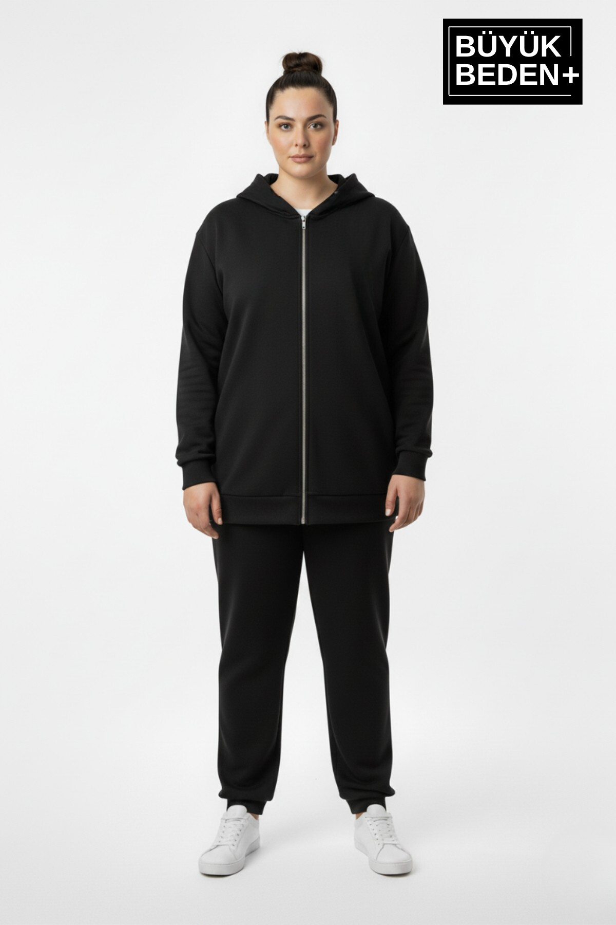 Kadın Büyük Beden Fermuarlı Kapüşonlu ince Sweatshirt Hırka - Rahat Kalıp SPR26BHR960