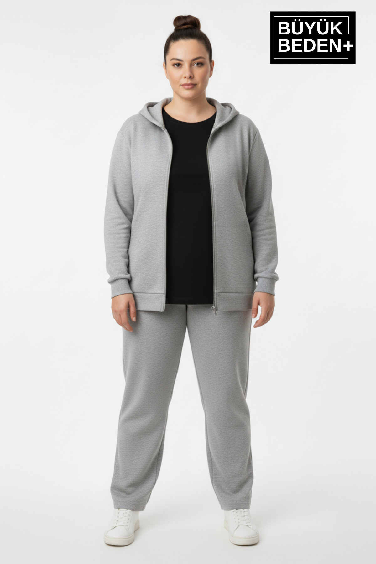 Kadın Büyük Beden Fermuarlı Kapüşonlu ince Sweatshirt Hırka - Rahat Kalıp SPR26BHR960