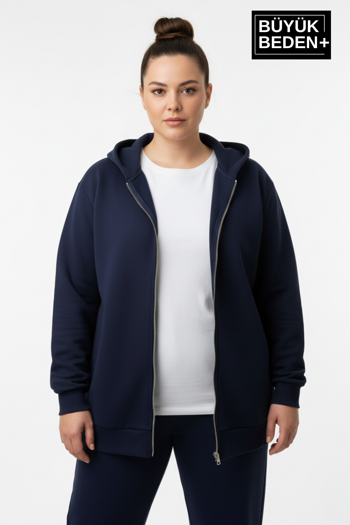 Kadın Büyük Beden Fermuarlı Kapüşonlu ince Sweatshirt Hırka - Rahat Kalıp SPR26BHR960