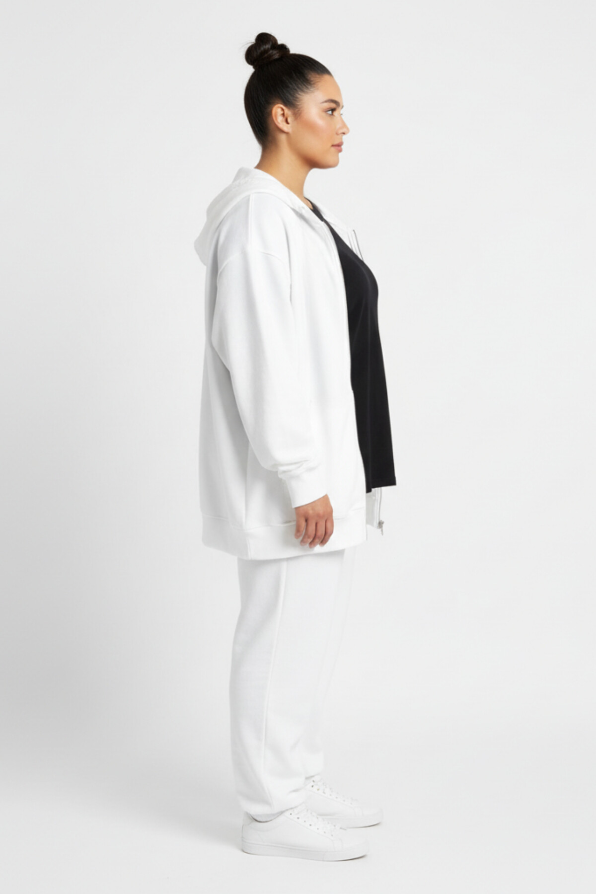 Kadın Büyük Beden Fermuarlı Kapüşonlu ince Sweatshirt Hırka - Rahat Kalıp SPR26BHR960