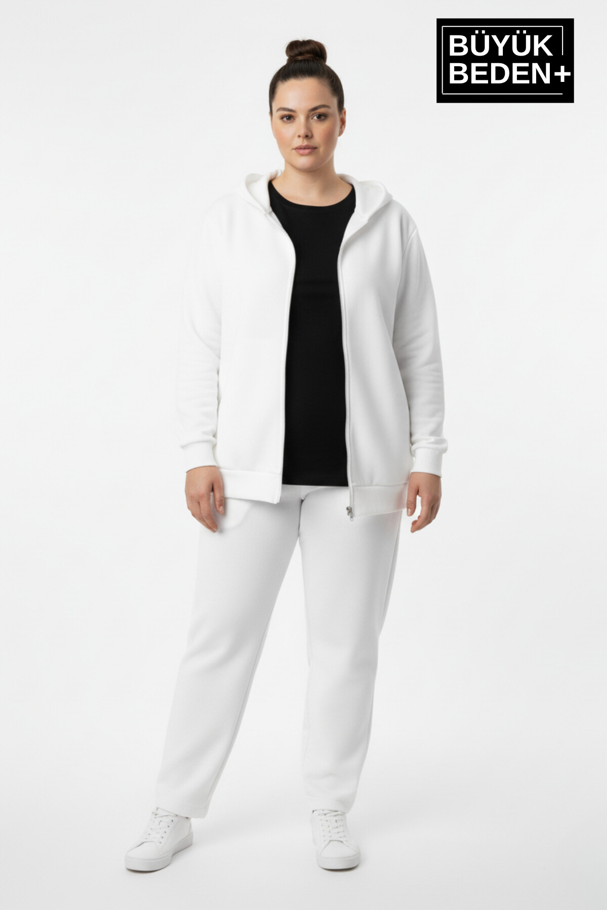 Kadın Büyük Beden Fermuarlı Kapüşonlu ince Sweatshirt Hırka - Rahat Kalıp SPR26BHR960
