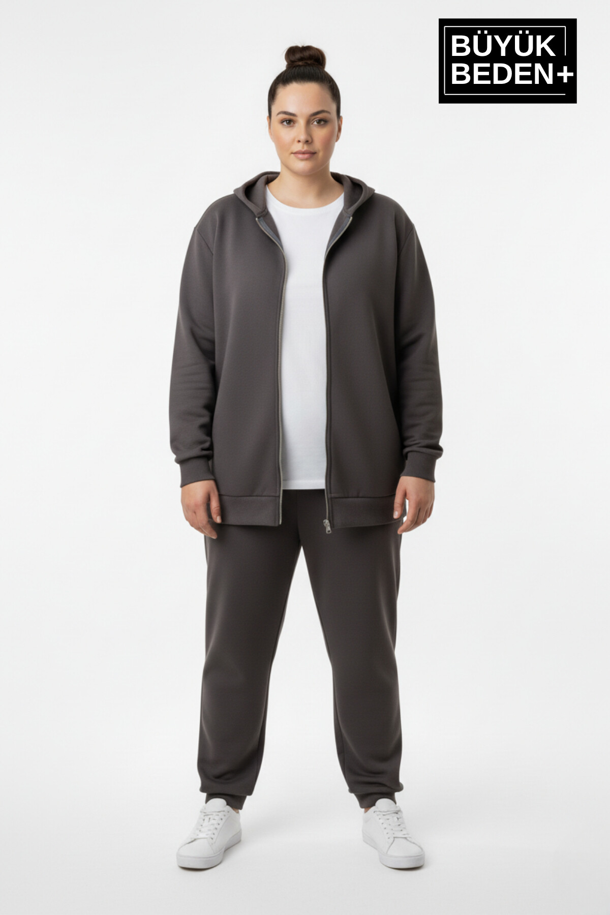 Kadın Büyük Beden Fermuarlı Kapüşonlu ince Sweatshirt Hırka - Rahat Kalıp SPR26BHR960
