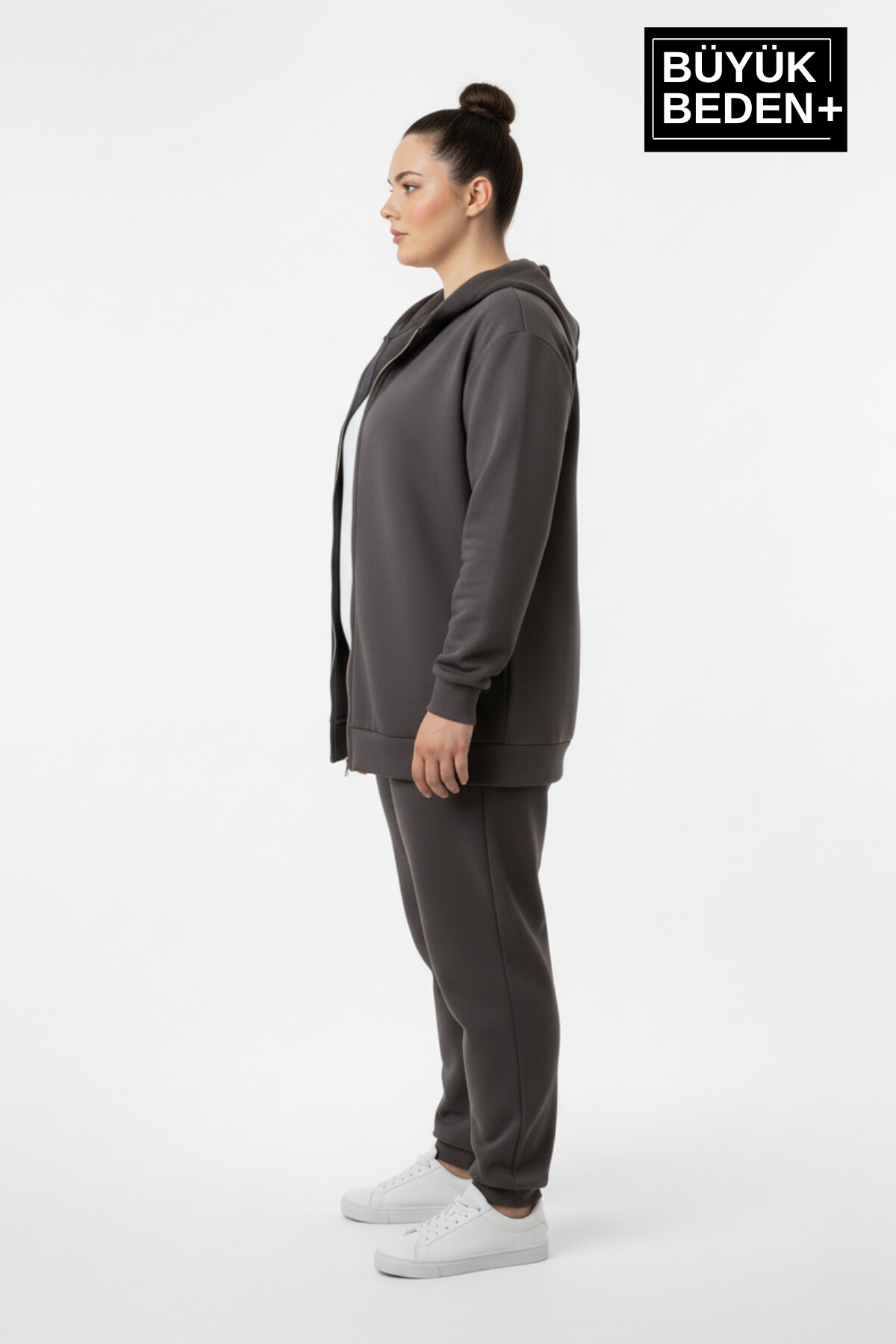 Kadın Büyük Beden Fermuarlı Kapüşonlu ince Sweatshirt Hırka - Rahat Kalıp SPR26BHR960