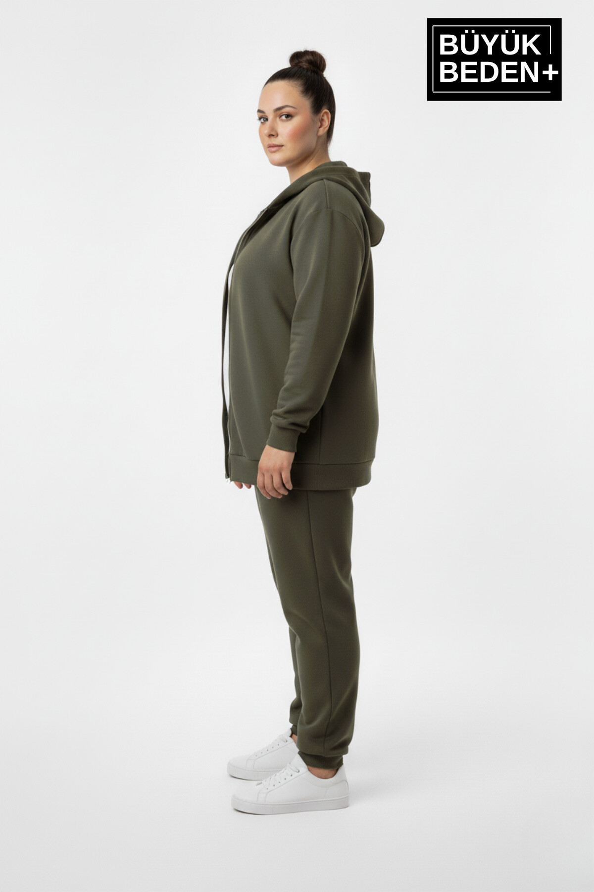 Kadın Büyük Beden Fermuarlı Kapüşonlu ince Sweatshirt Hırka - Rahat Kalıp SPR26BHR960