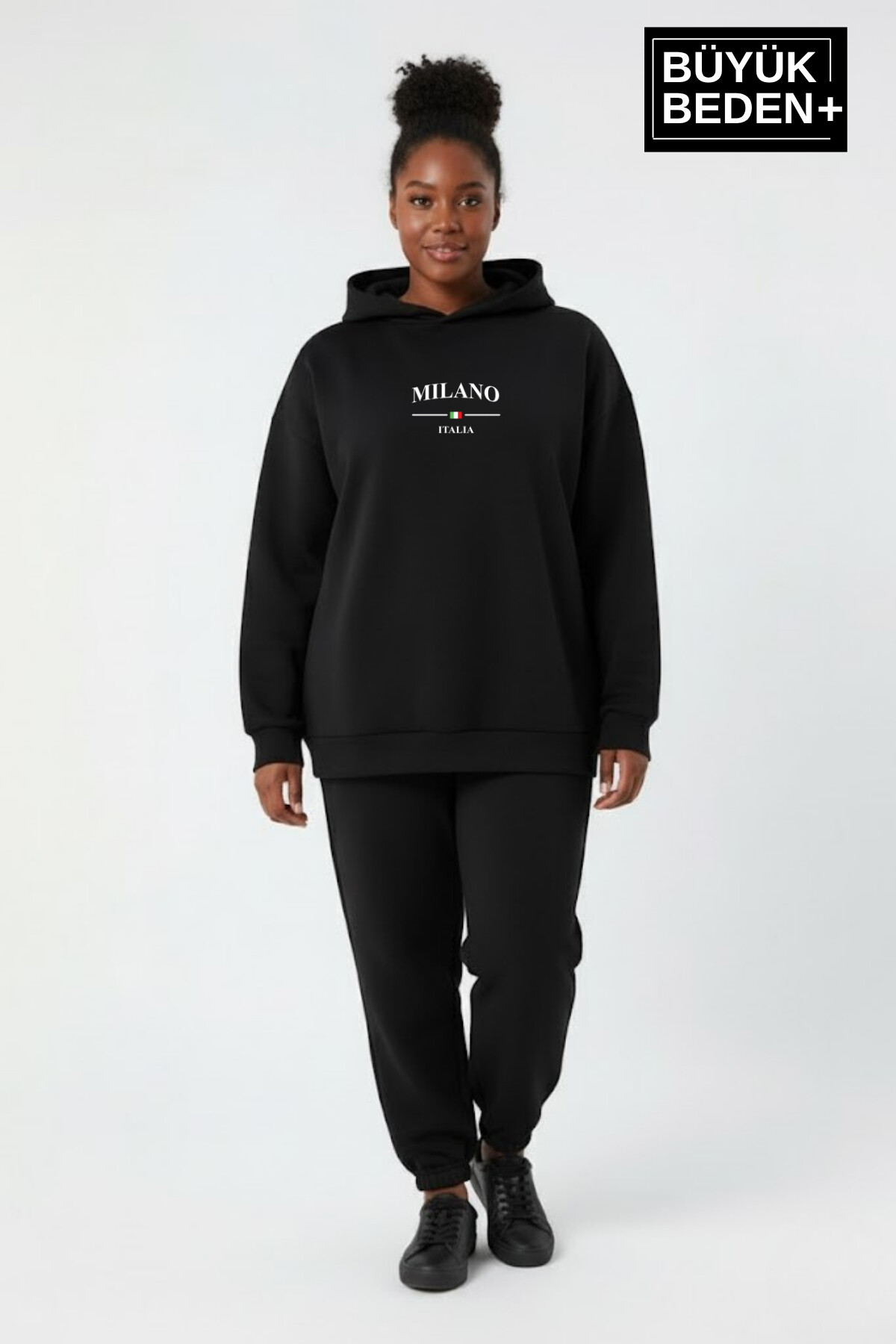 Kadın Büyük Beden Kapşonlu Rahat Kalıp Hoodie – Milano Italia Baskılı ince Sweatshırt SPR26BSWK967