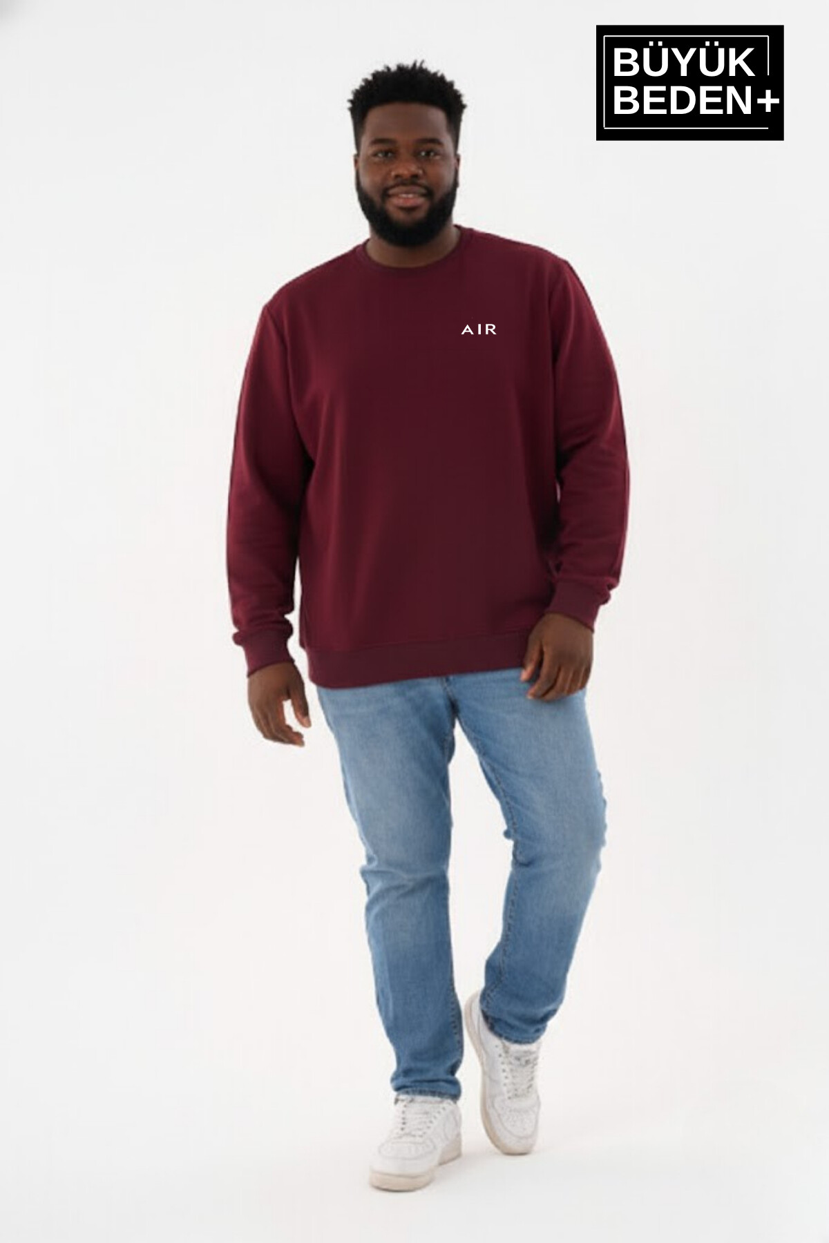 Erkek Büyük Beden AR Baskılı Yaka Kollar Etek Ribana Bisilet Yaka İnce Sweatshirt SPR26BSW956-1