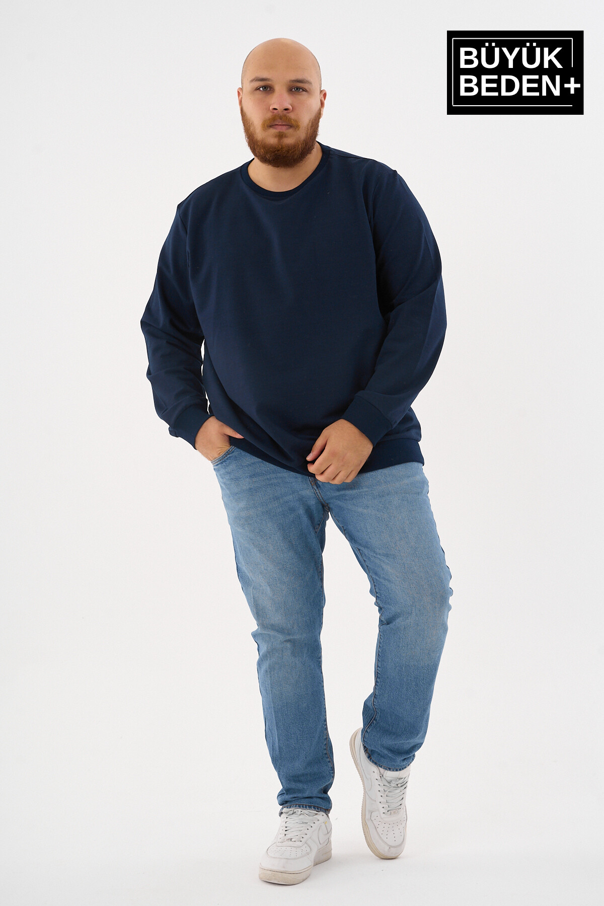 Erkek Büyük Beden Bisiklet Yaka ince Sweatshirt SPR24BSW56