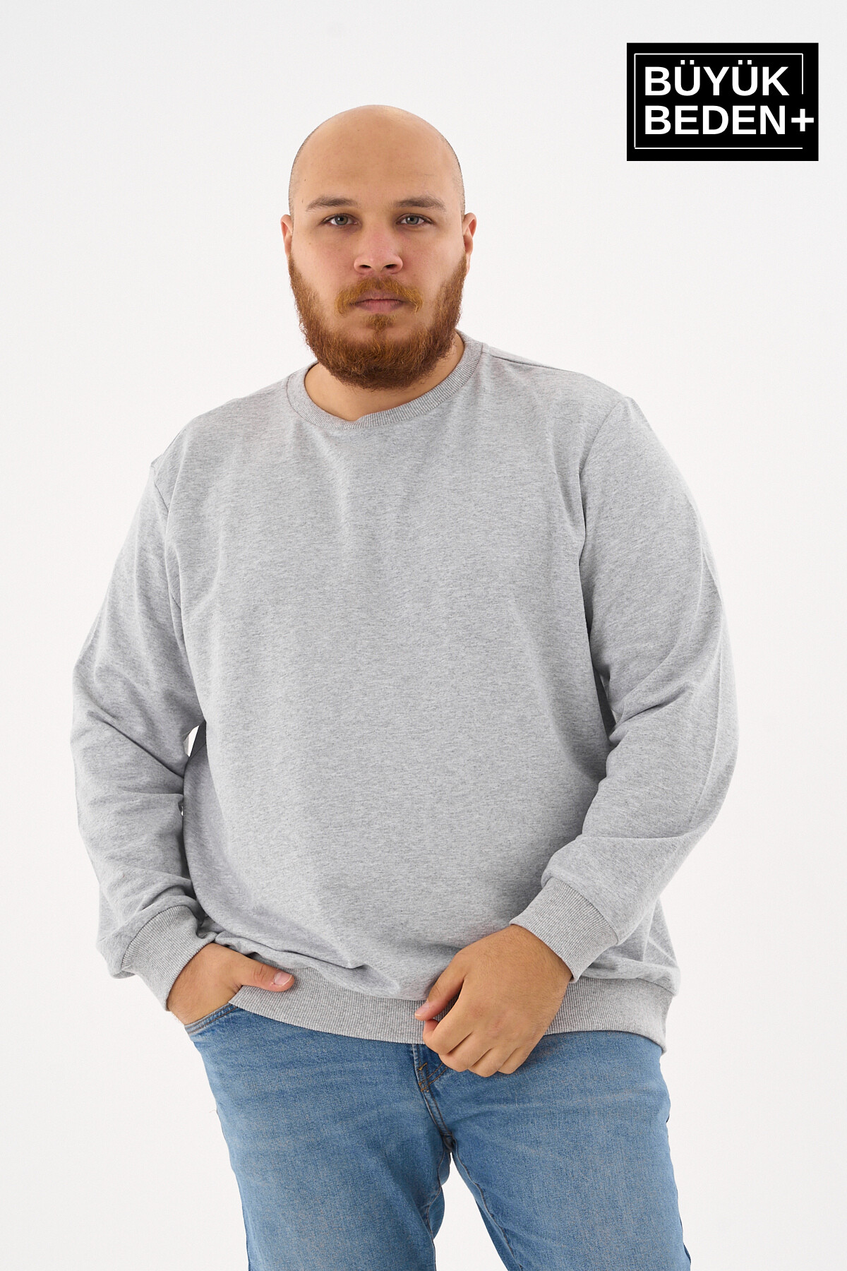 Erkek Büyük Beden Bisiklet Yaka ince Sweatshirt SPR24BSW56