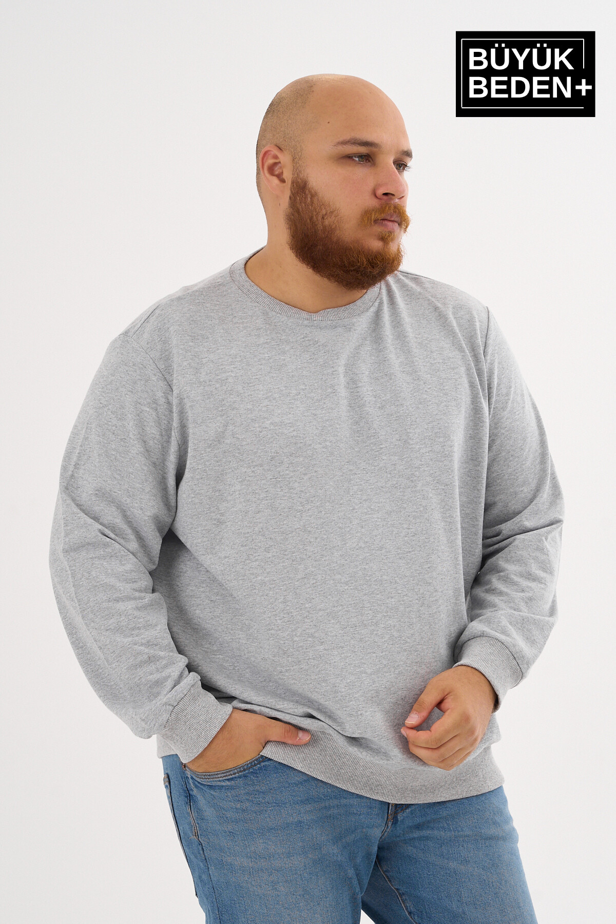 Erkek Büyük Beden Bisiklet Yaka ince Sweatshirt SPR24BSW56