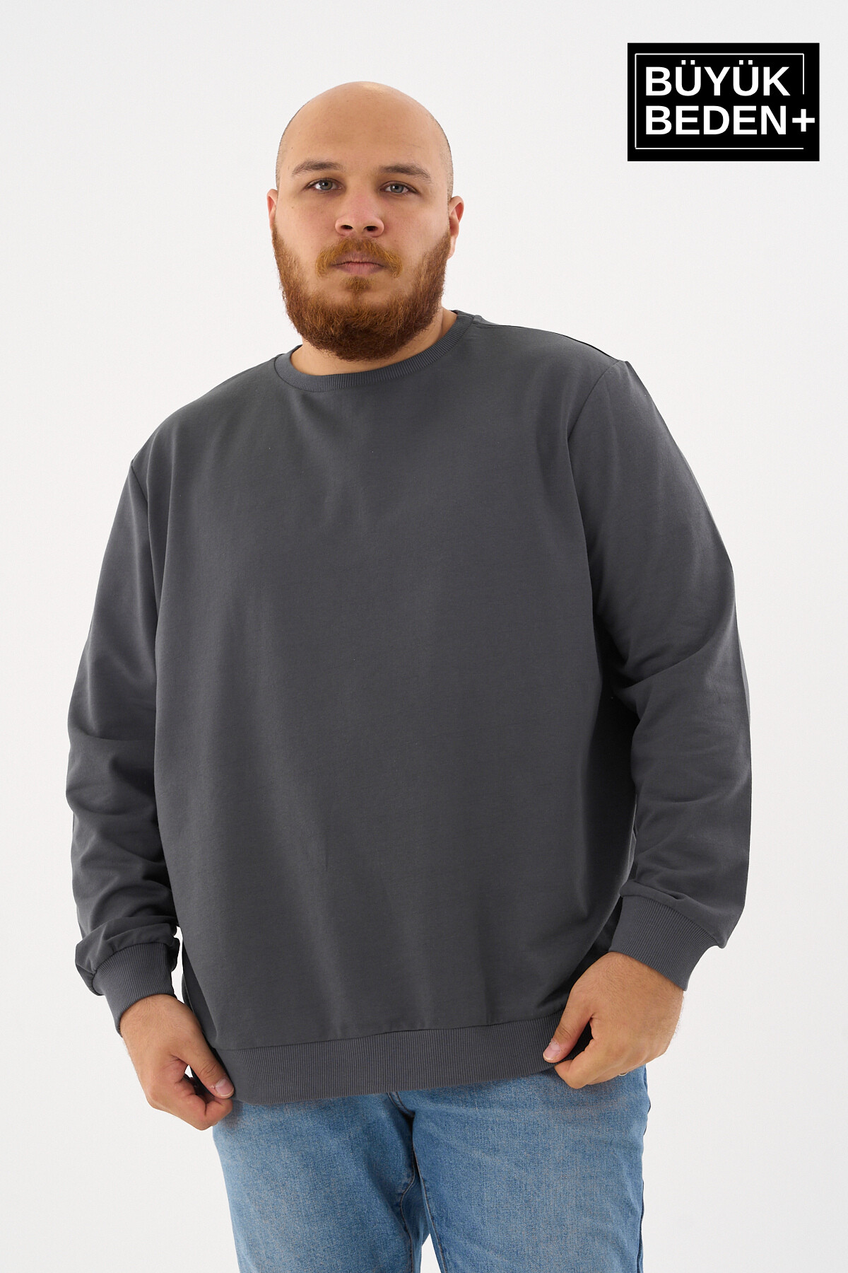 Erkek Büyük Beden Bisiklet Yaka ince Sweatshirt SPR24BSW56