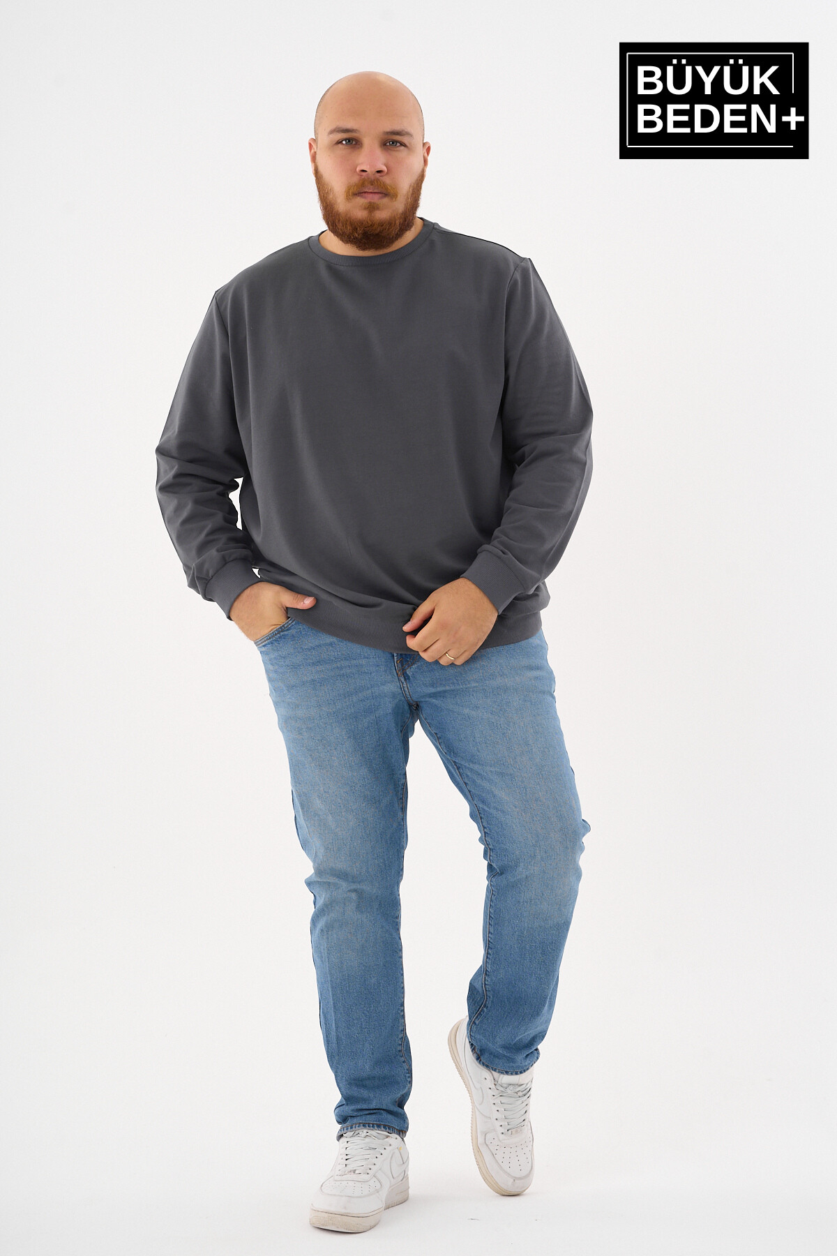 Erkek Büyük Beden Bisiklet Yaka ince Sweatshirt SPR24BSW56