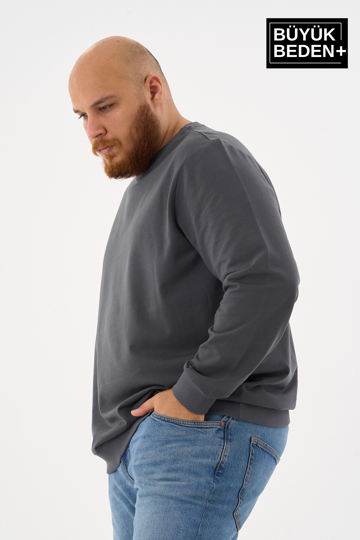 Erkek Büyük Beden Bisiklet Yaka ince Sweatshirt SPR24BSW56