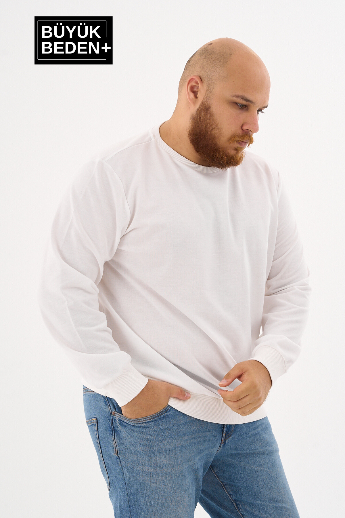 Erkek Büyük Beden Bisiklet Yaka ince Sweatshirt SPR24BSW56