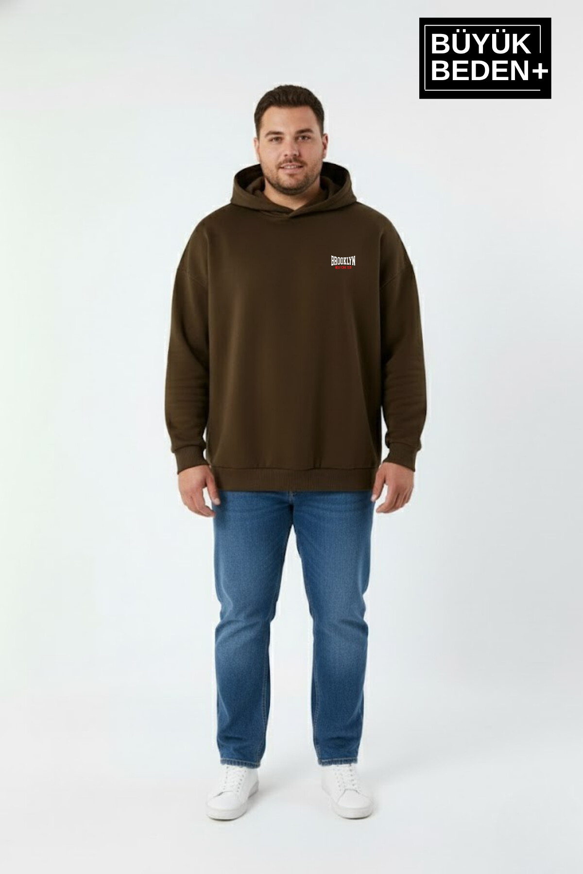Erkek Büyük Beden Brooklyn 1970 Baskılı Kapüşonlu ince Sweatshirt SPR26BSW964