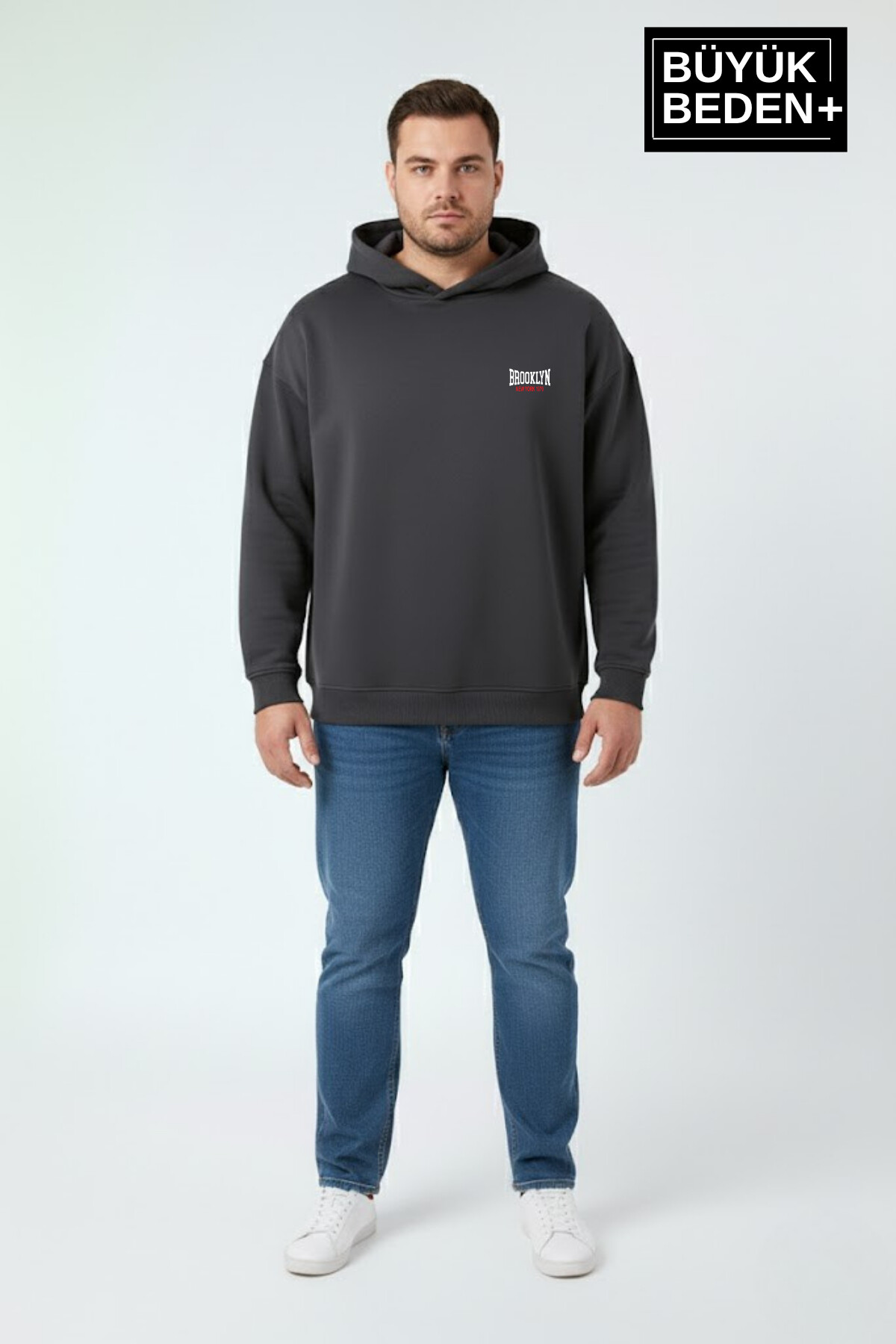 Erkek Büyük Beden Brooklyn 1970 Baskılı Kapüşonlu ince Sweatshirt SPR26BSW964