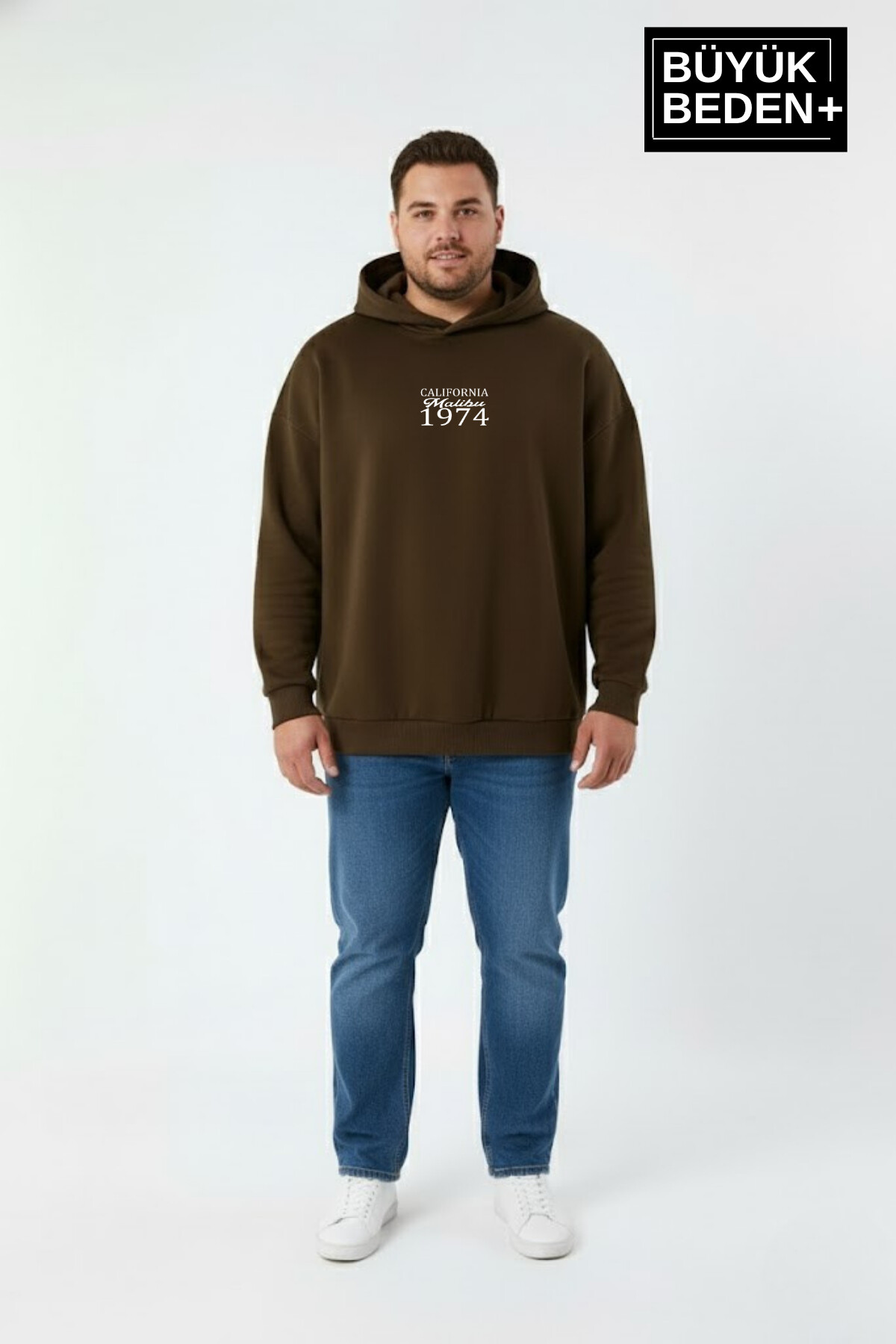 Erkek Büyük Beden  California 1974 Baskılı Kapüşonlu ince Sweatshirt -Rahat Kalıp SPR26BSW965