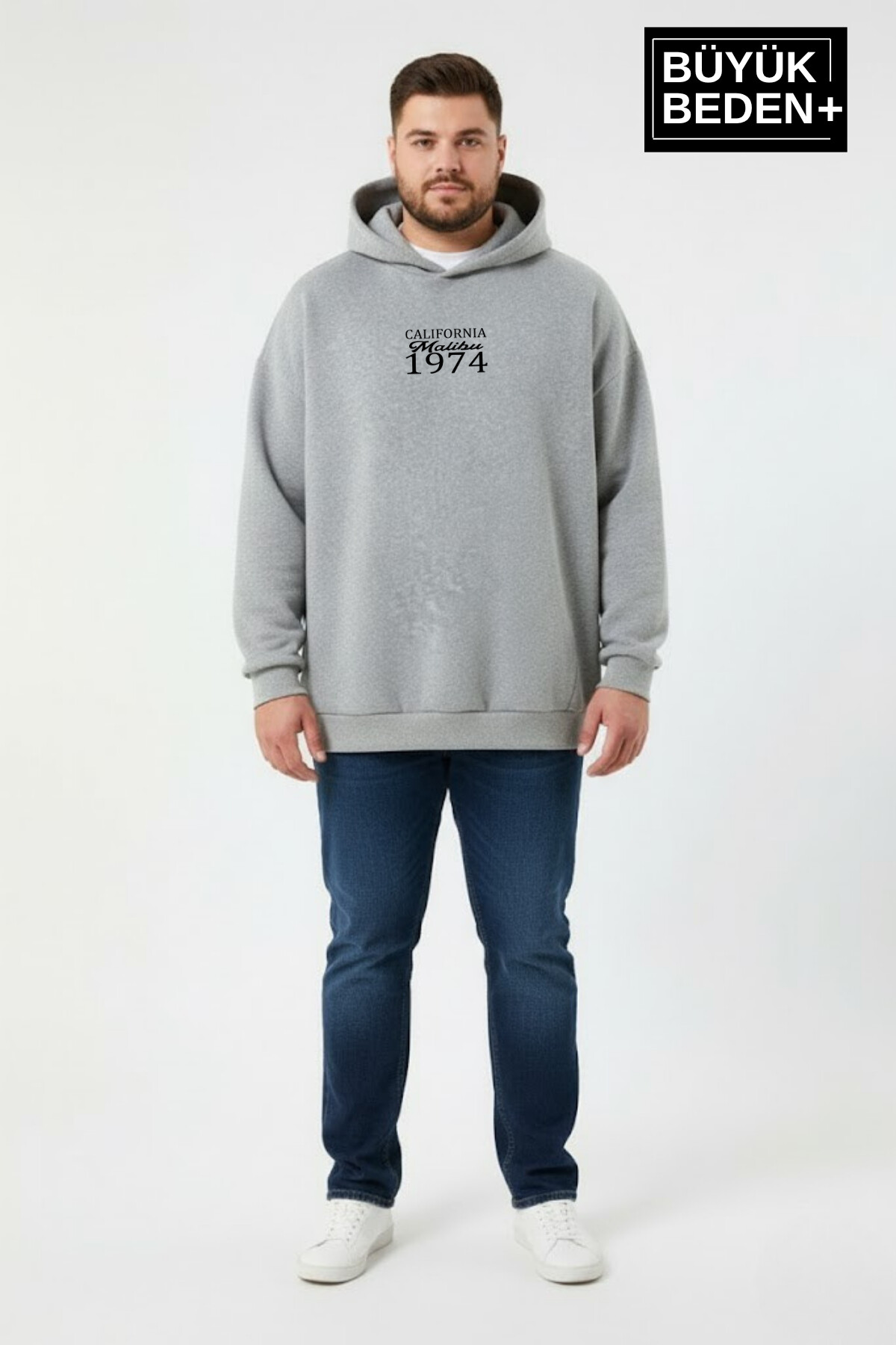 Erkek Büyük Beden  California 1974 Baskılı Kapüşonlu ince Sweatshirt -Rahat Kalıp SPR26BSW965