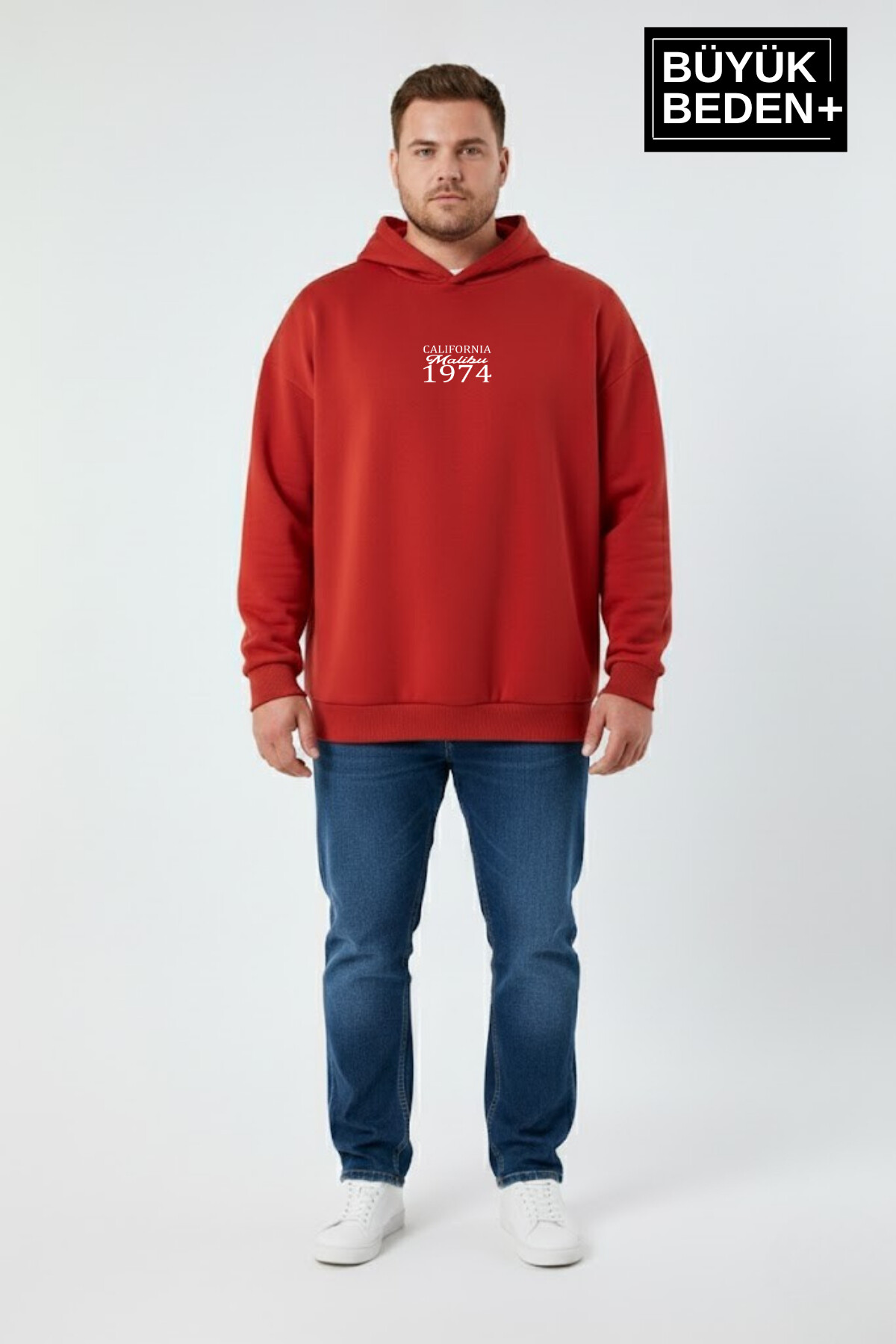 Erkek Büyük Beden  California 1974 Baskılı Kapüşonlu ince Sweatshirt -Rahat Kalıp SPR26BSW965