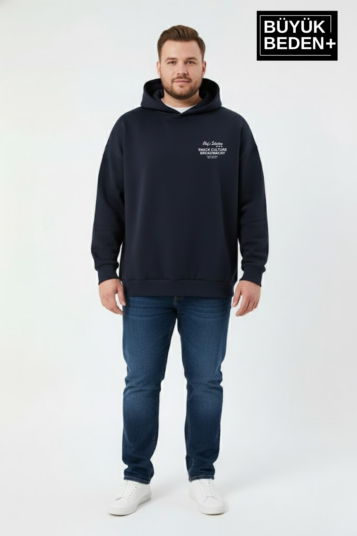 Erkek Büyük Beden Chef Baskılı Kapüşonlu Rahat Kalıp  ince Sweatshirt SPR26BSW966