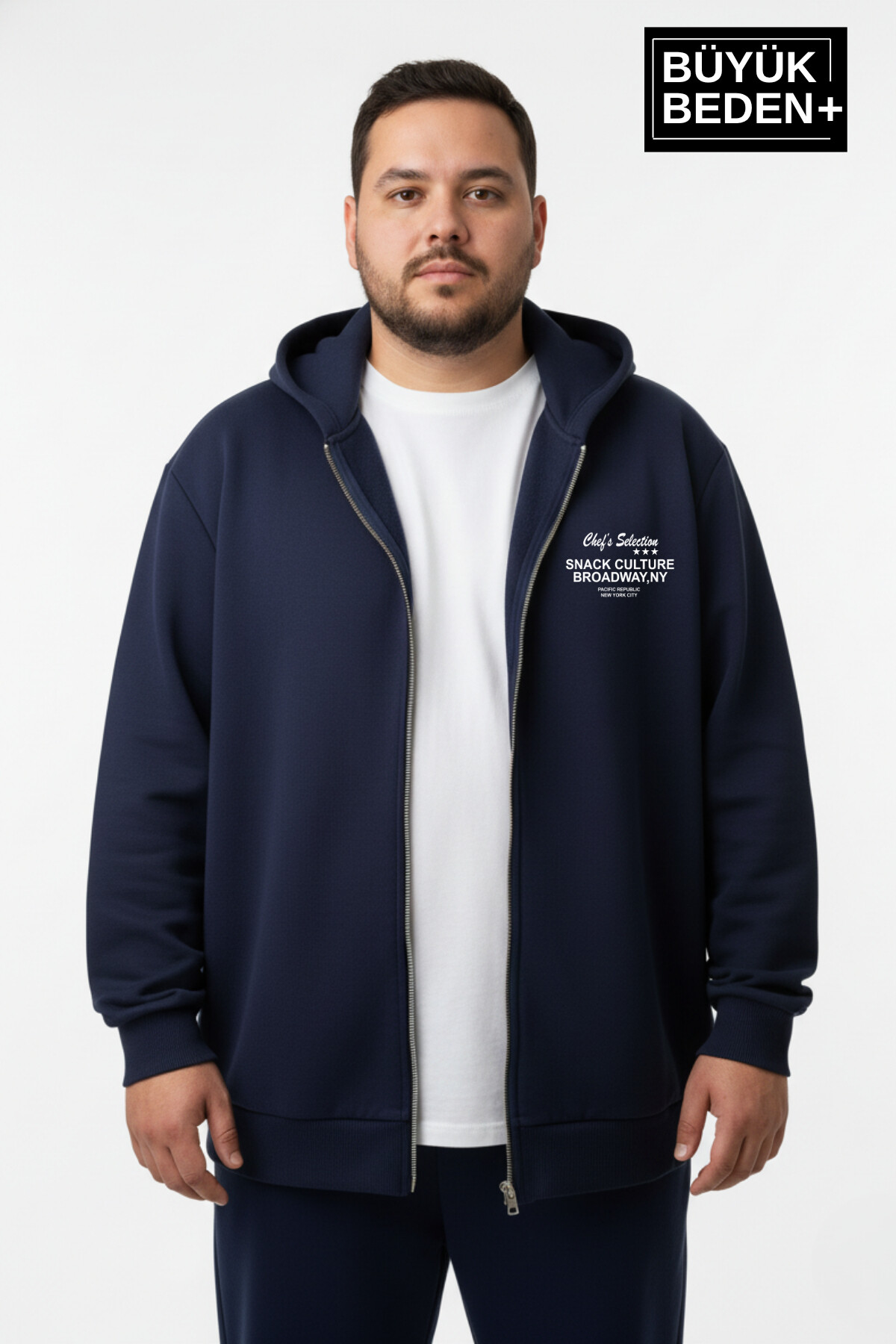 Erkek Büyük Beden Fermuarlı Kapüşonlu Chef Baskılı ince Sweatshirt Hırka - Rahat Kalıp SPR26BHR921