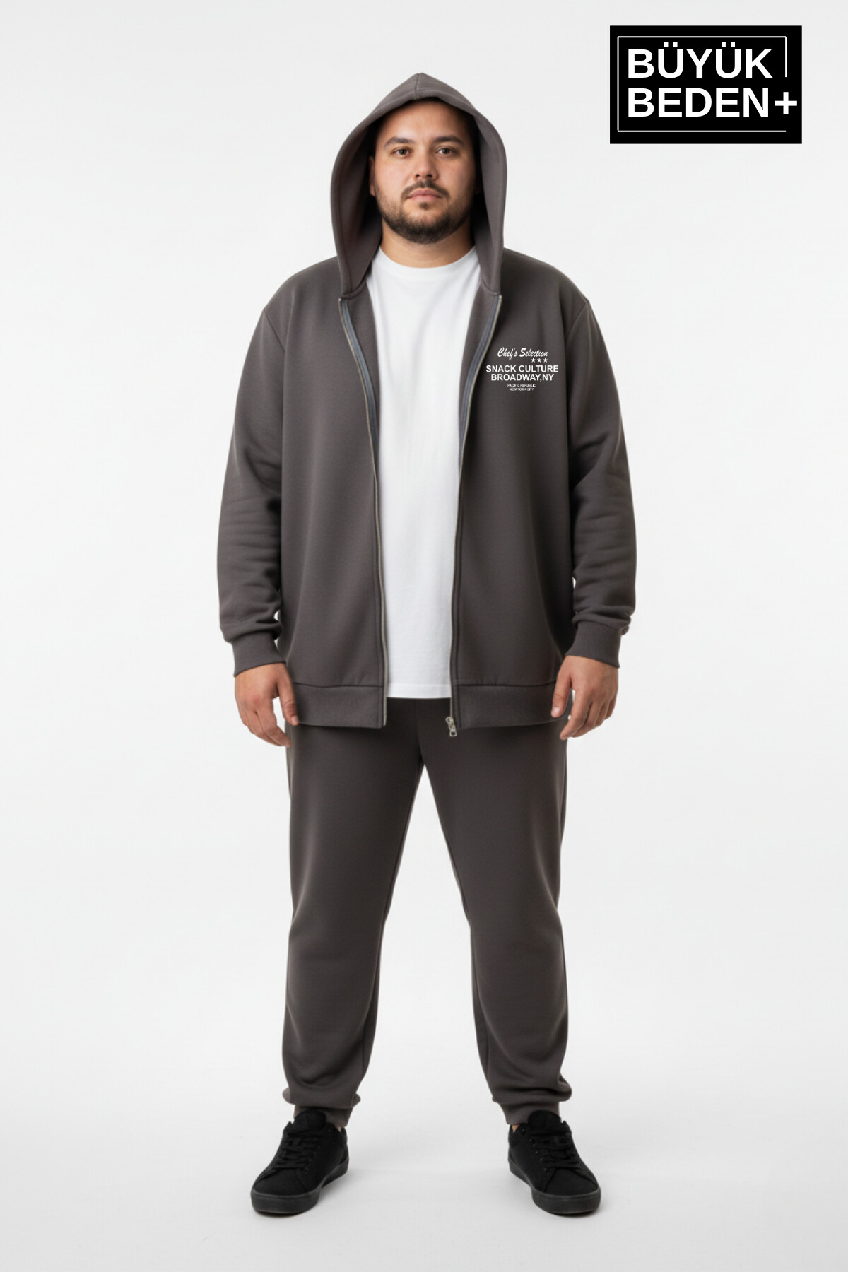 Erkek Büyük Beden Fermuarlı Kapüşonlu Chef Baskılı ince Sweatshirt Hırka - Rahat Kalıp SPR26BHR921