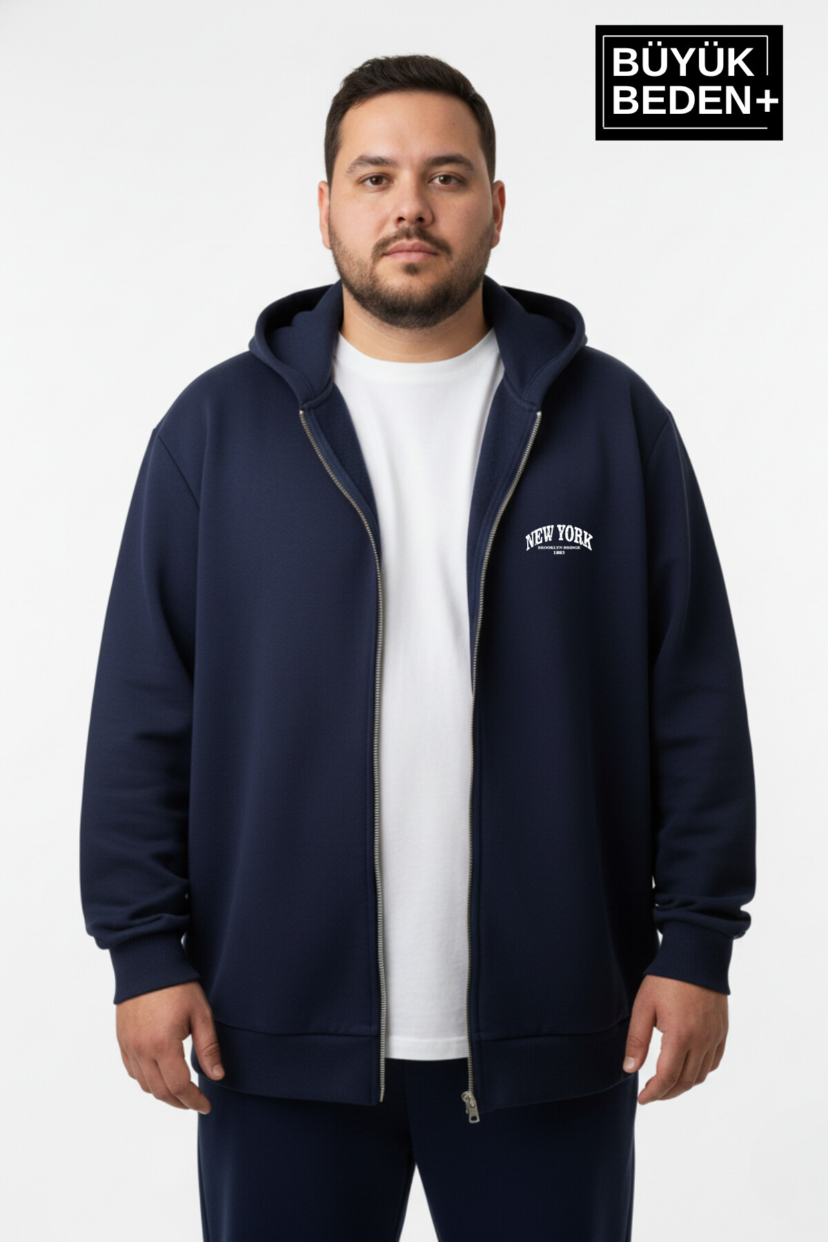Erkek Büyük Beden Fermuarlı Kapüşonlu New York Baskılı ince Sweatshirt Hırka SPR26BHR923