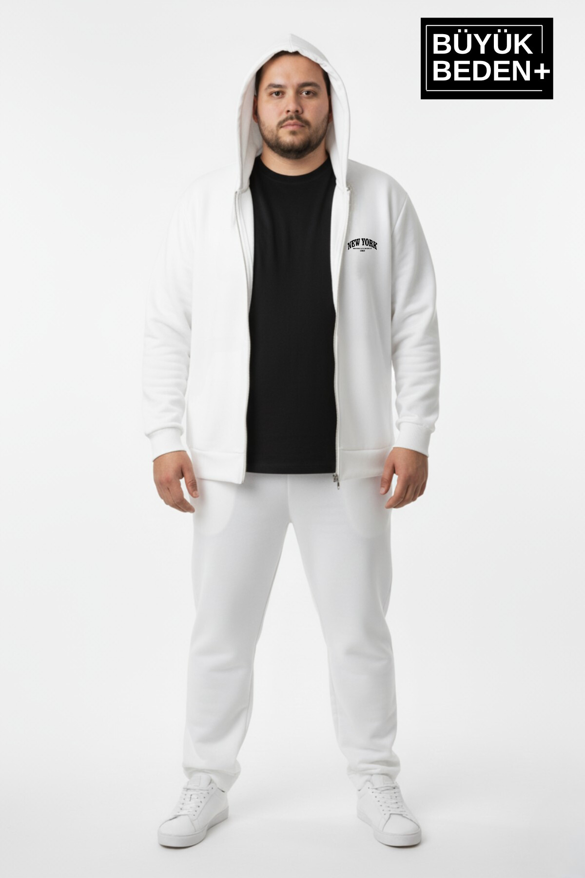Erkek Büyük Beden Fermuarlı Kapüşonlu New York Baskılı ince Sweatshirt Hırka SPR26BHR923