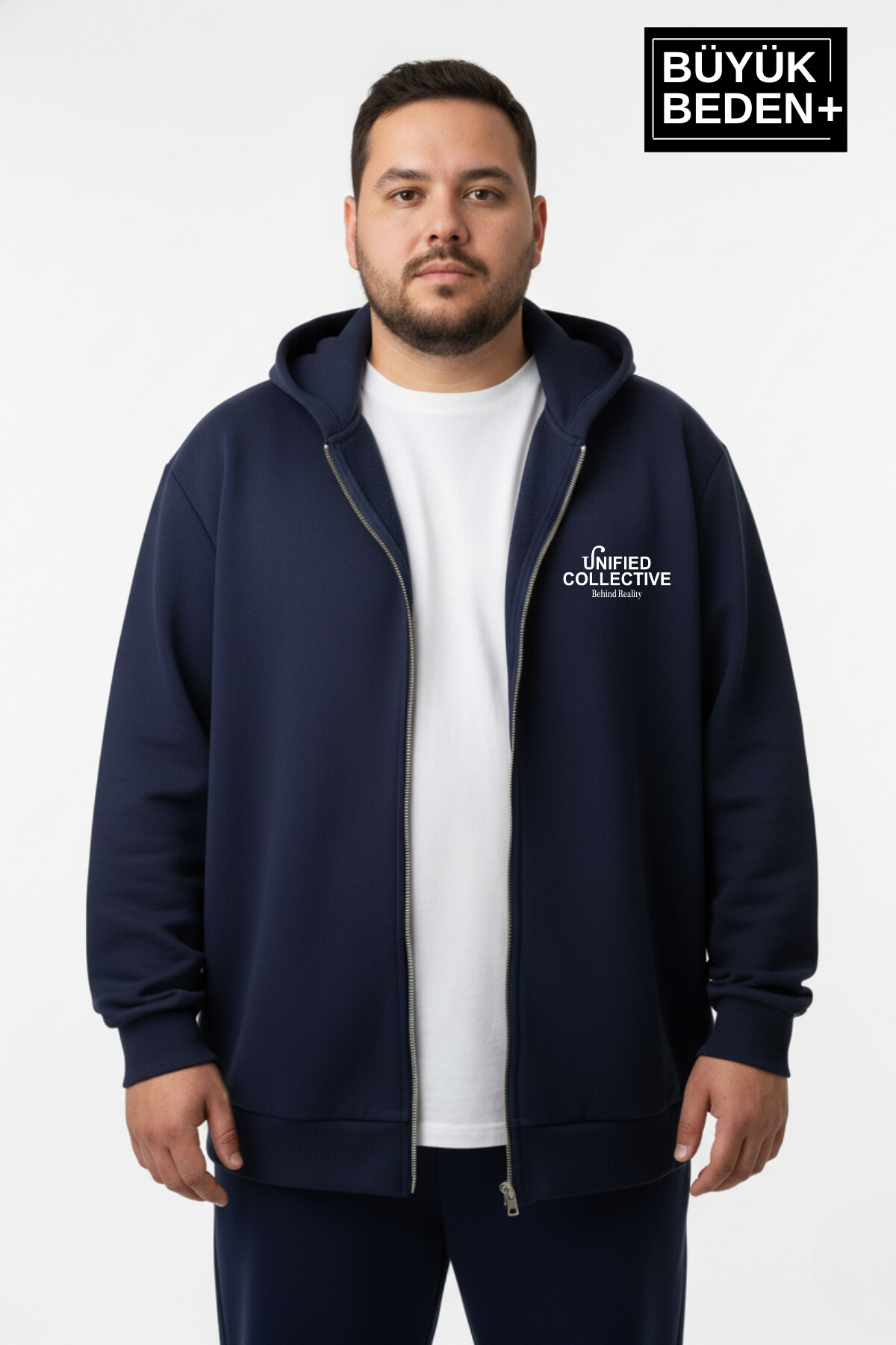 Erkek Büyük Beden Fermuarlı Kapüşonlu Unified Baskılı ince Sweatshirt Hırka SPR26BHR924