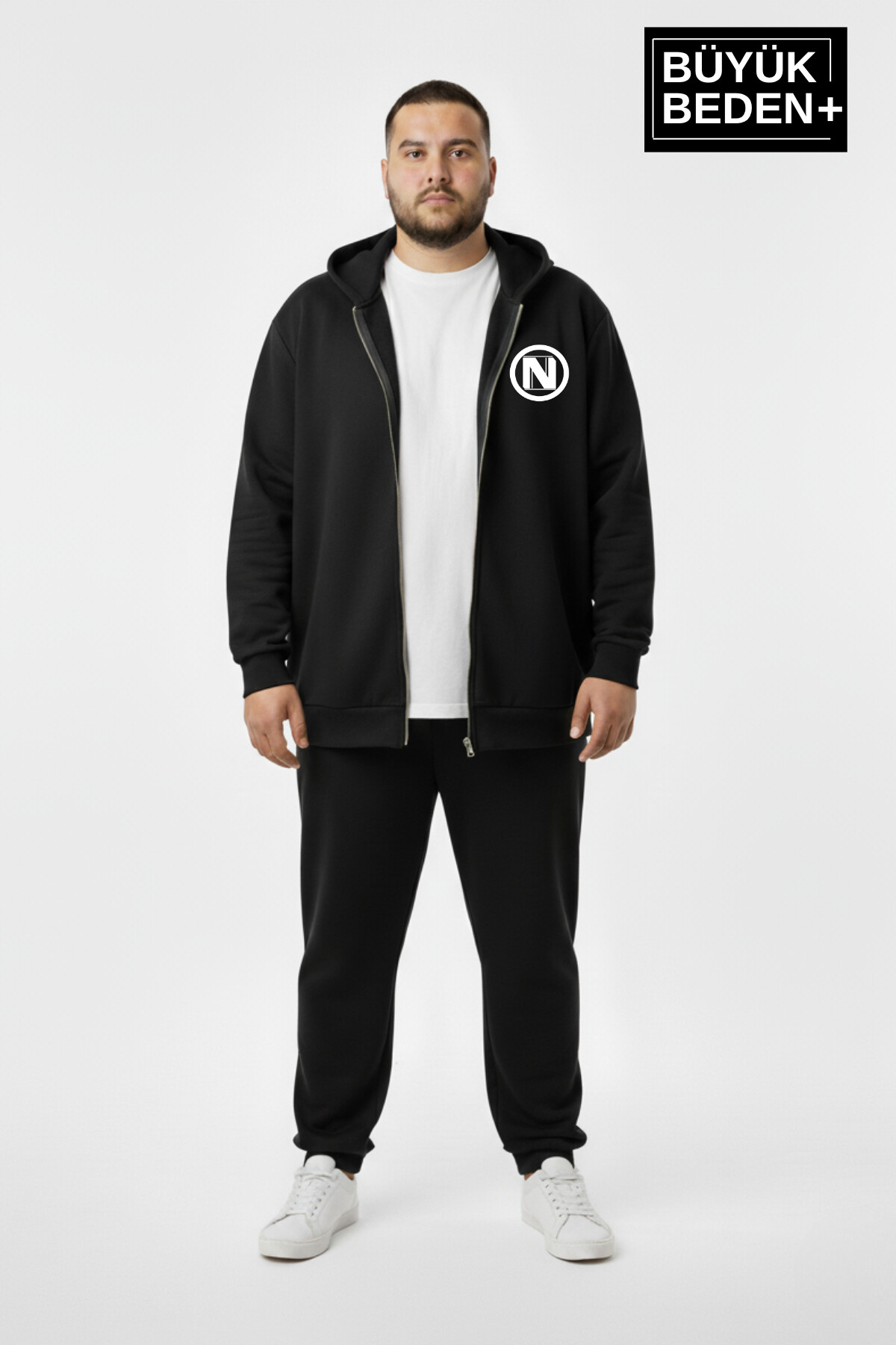 Erkek Büyük Beden Kapüşonlu Fermuarlı N Baskılı ince Sweatshirt Hırka SPR26BHR922