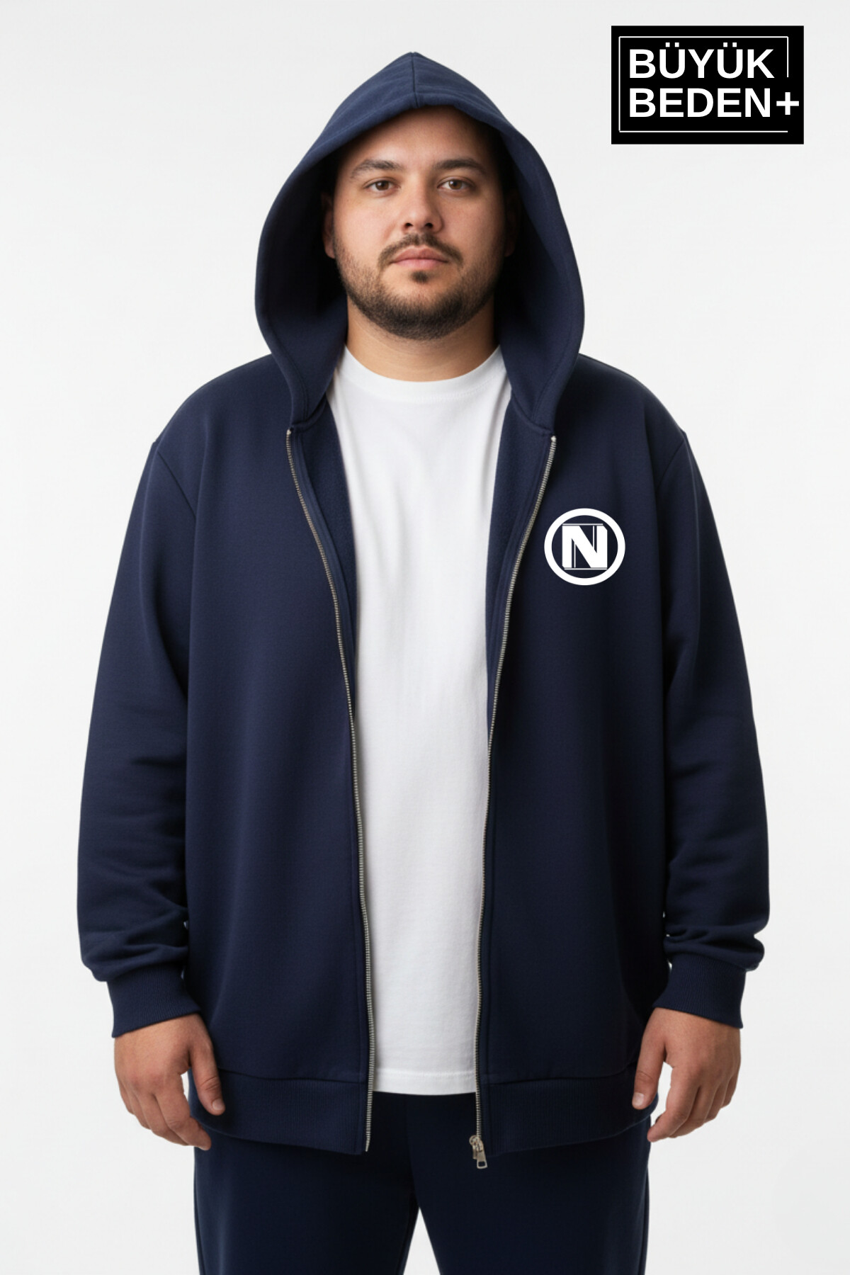 Erkek Büyük Beden Kapüşonlu Fermuarlı N Baskılı ince Sweatshirt Hırka SPR26BHR922