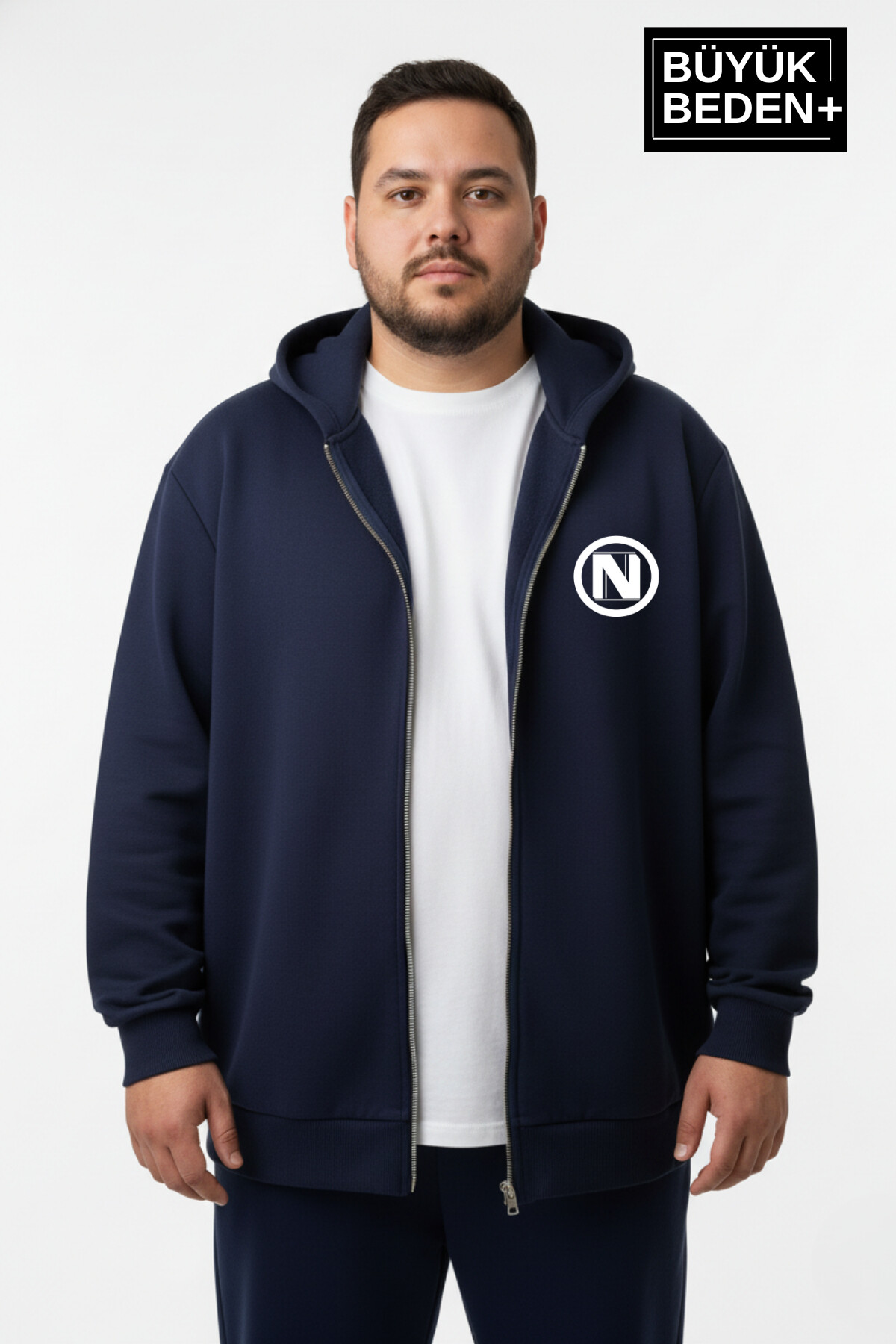 Erkek Büyük Beden Kapüşonlu Fermuarlı N Baskılı ince Sweatshirt Hırka SPR26BHR922