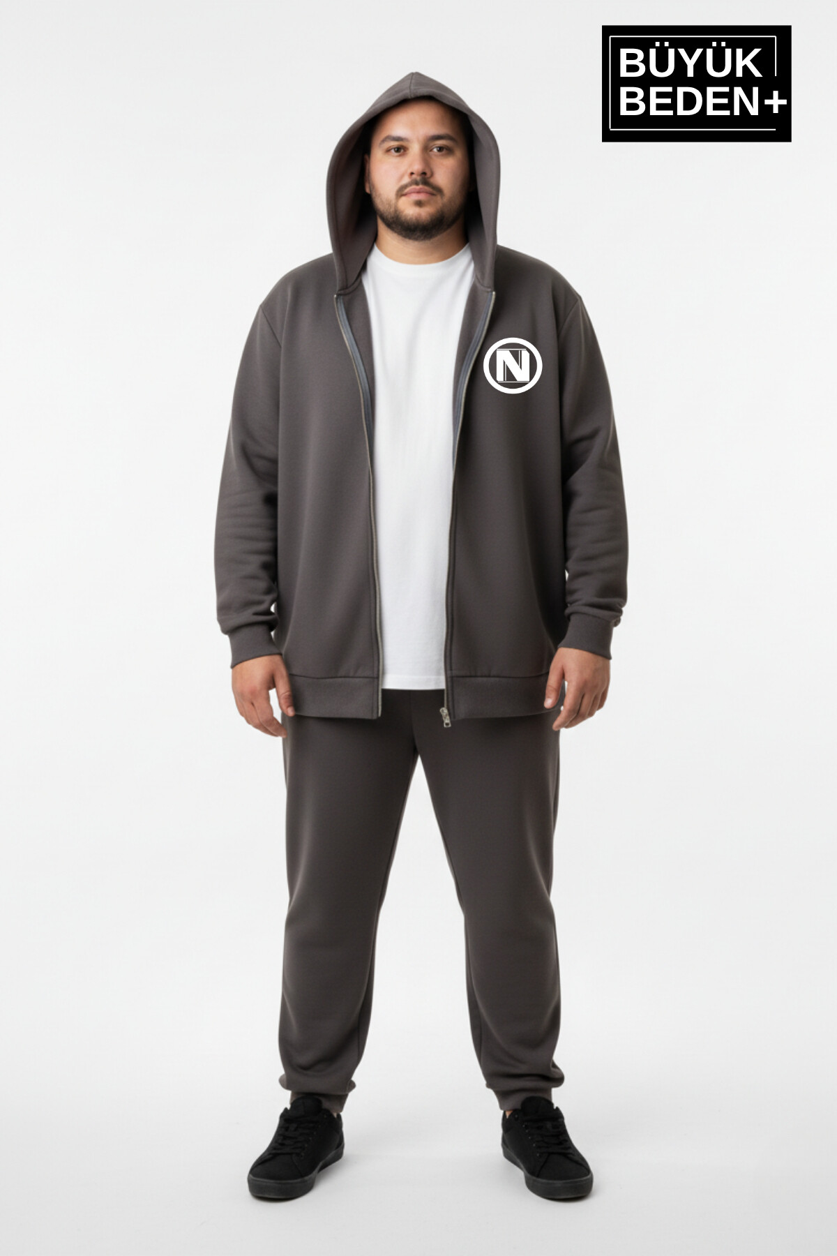 Erkek Büyük Beden Kapüşonlu Fermuarlı N Baskılı ince Sweatshirt Hırka SPR26BHR922