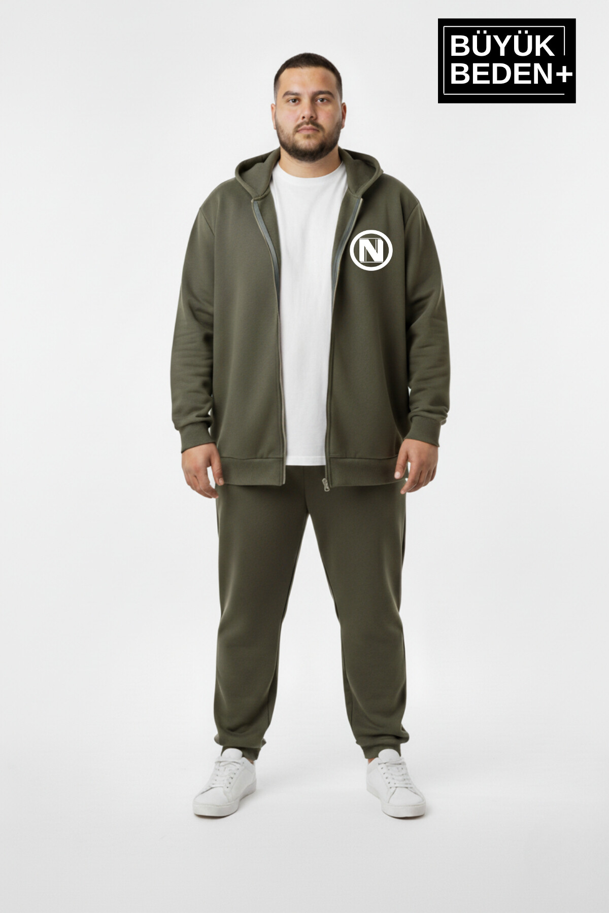 Erkek Büyük Beden Kapüşonlu Fermuarlı N Baskılı ince Sweatshirt Hırka SPR26BHR922