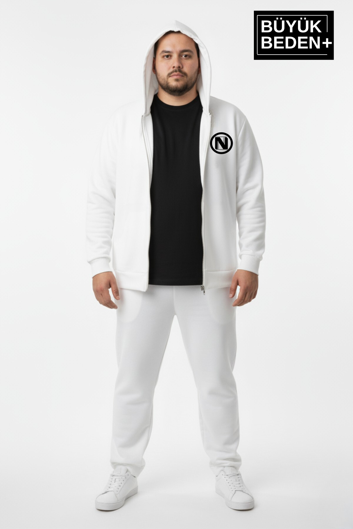 Erkek Büyük Beden Kapüşonlu Fermuarlı N Baskılı ince Sweatshirt Hırka SPR26BHR922